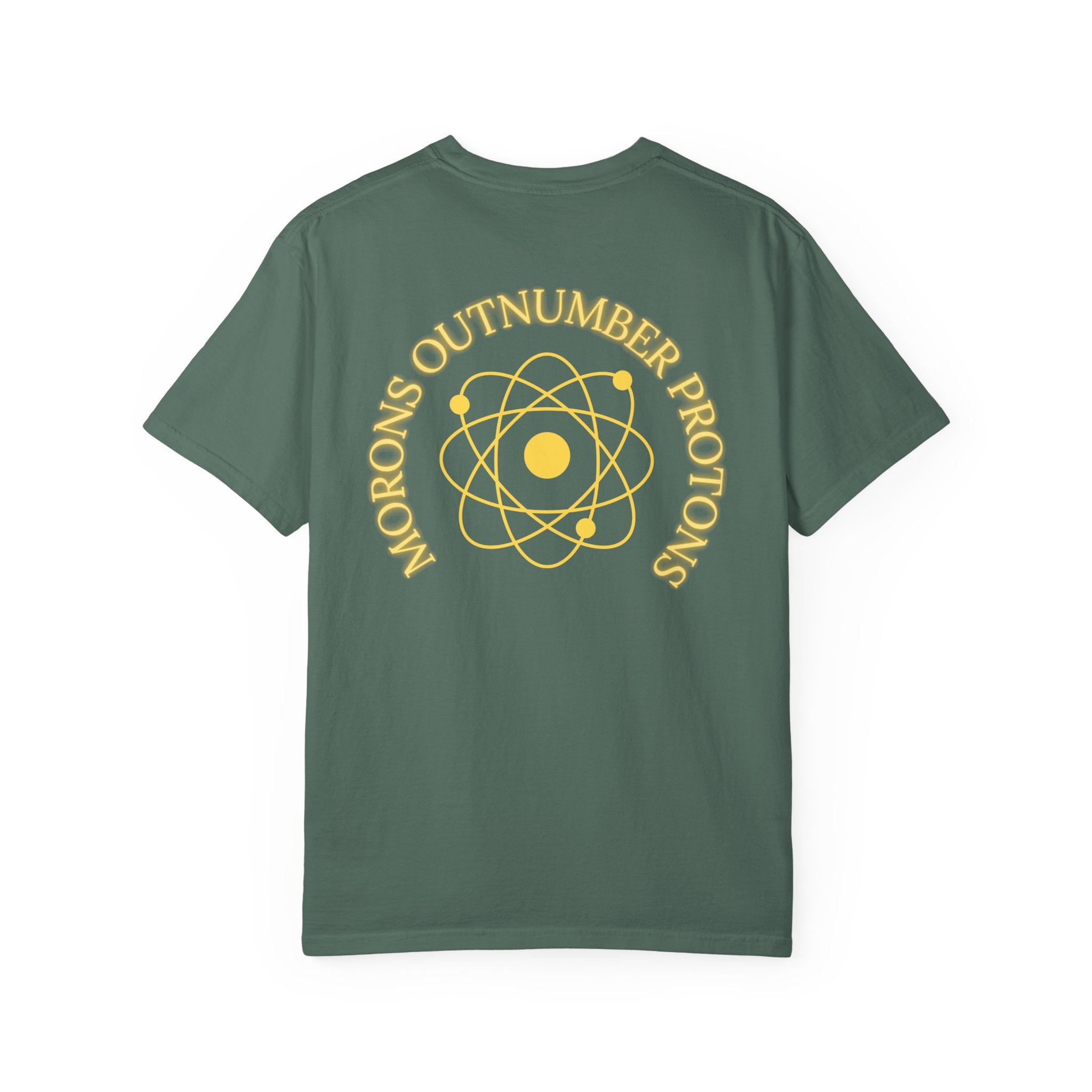 Retro Science Atom Tee — "Why do morons outnumber protons" Yellow Graphic T-Shirt
