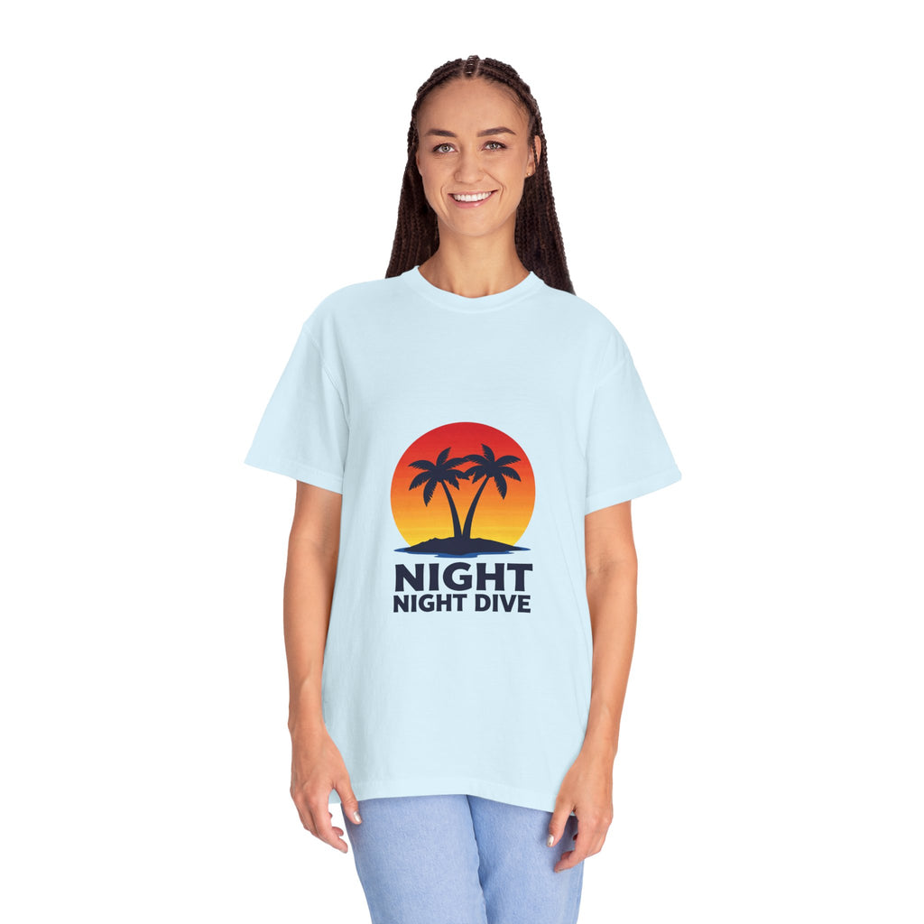 Night Dive Palm Beach T-Shirt — Retro Sunset Tropical Tee