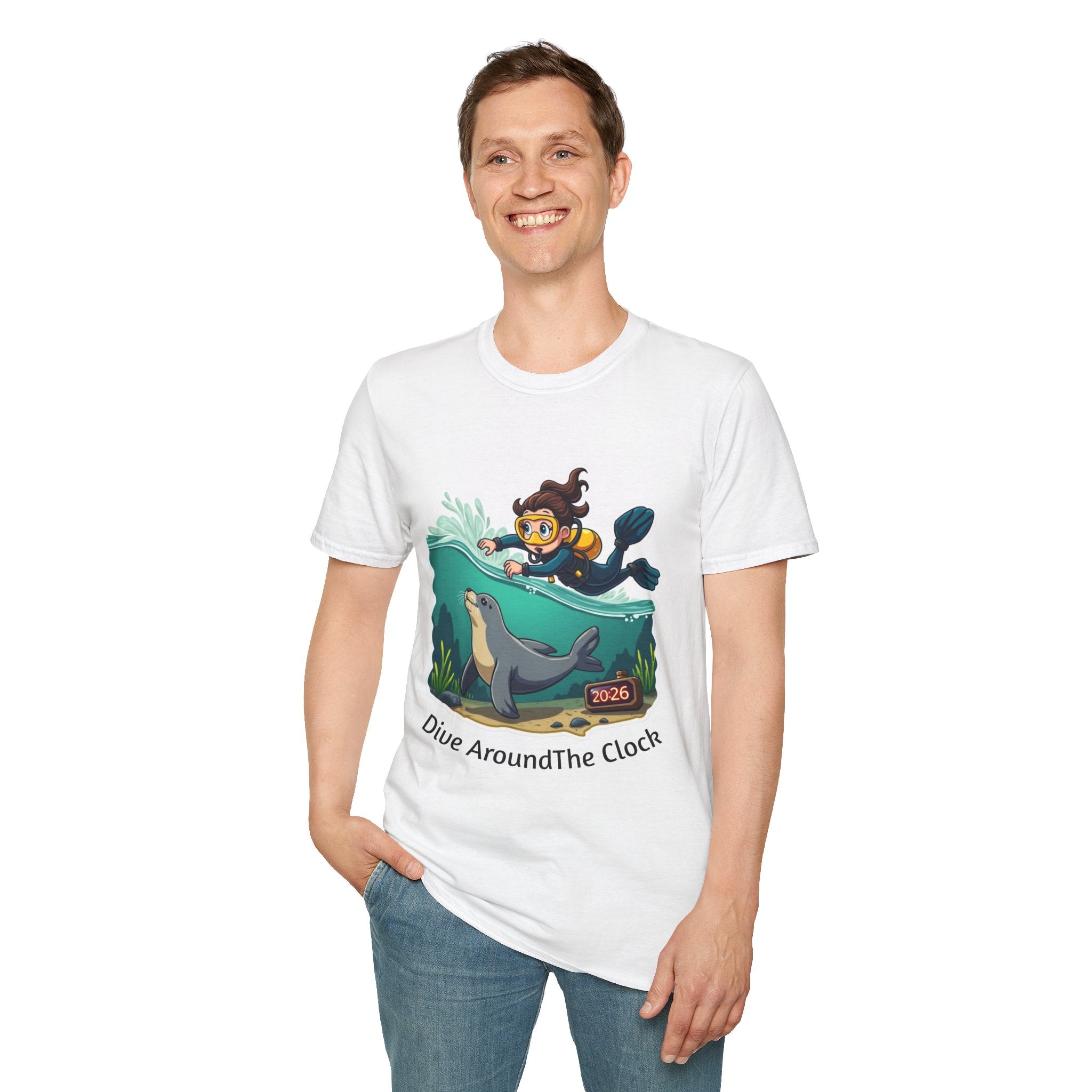 Diver Around The Clock T-Shirt — Cute Scuba Diver & Seal Graphic Tee
