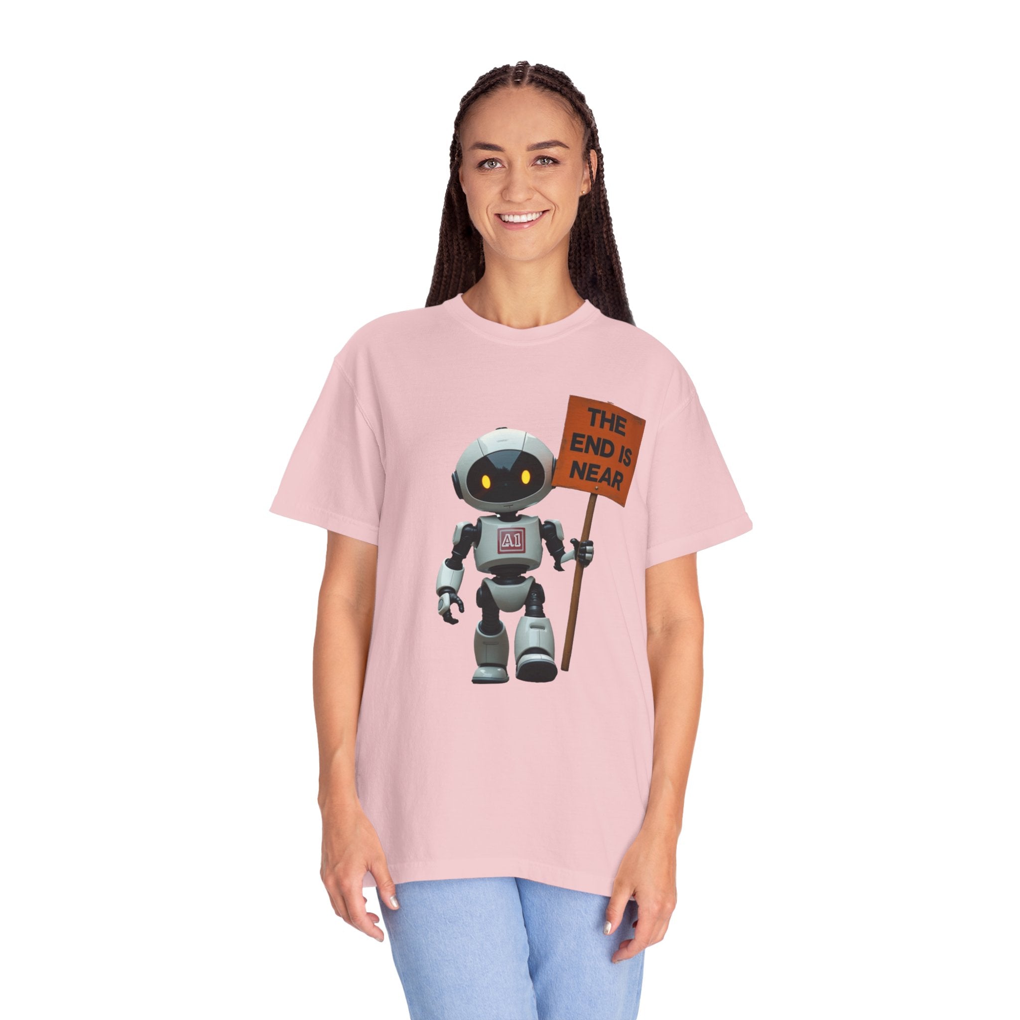 Robot T‑Shirt — Cute Robot Holding “The End Is Near” Sign