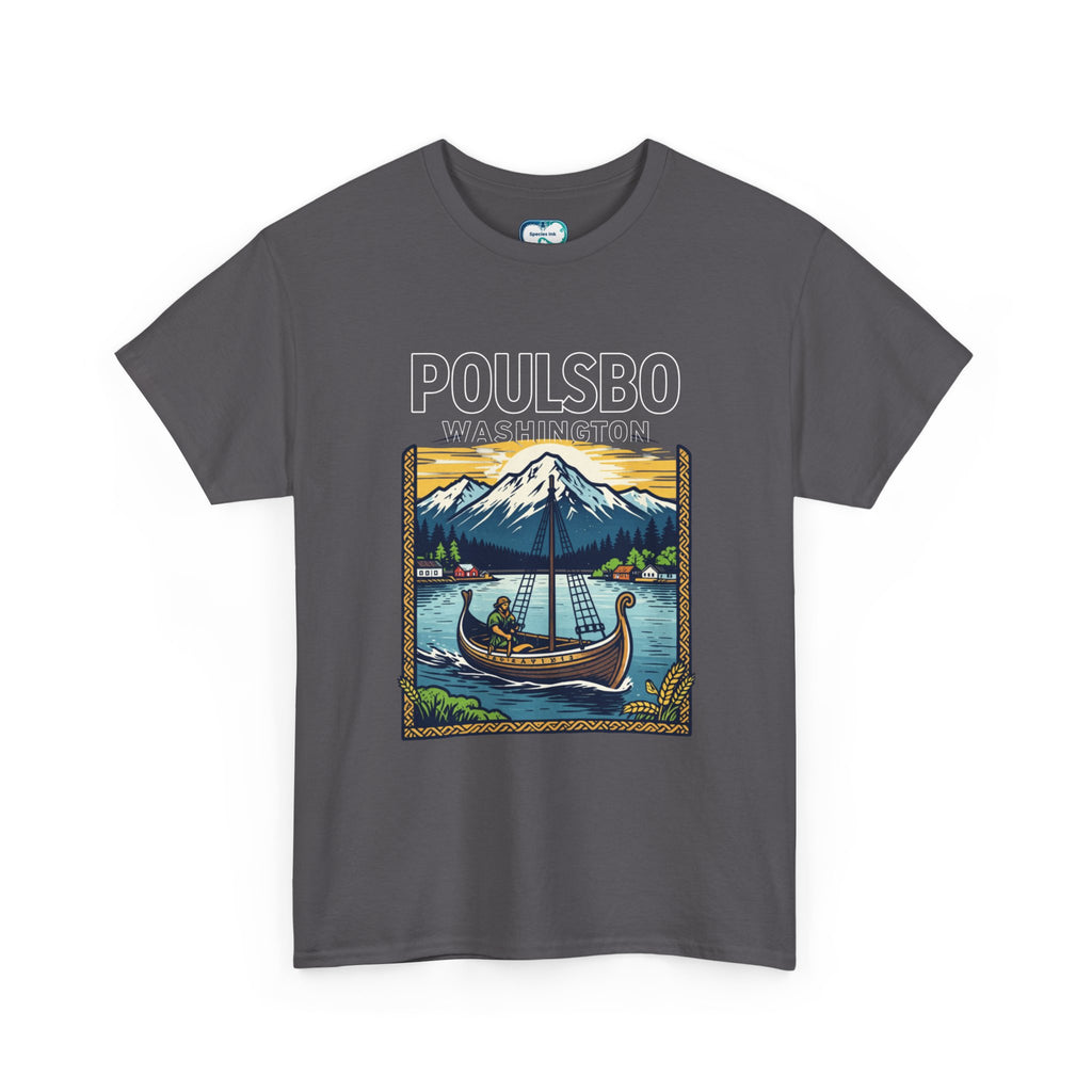 Poulsbo Viking Ship T‑Shirt — Pacific Northwest Mountain & Fjord Graphic Tee