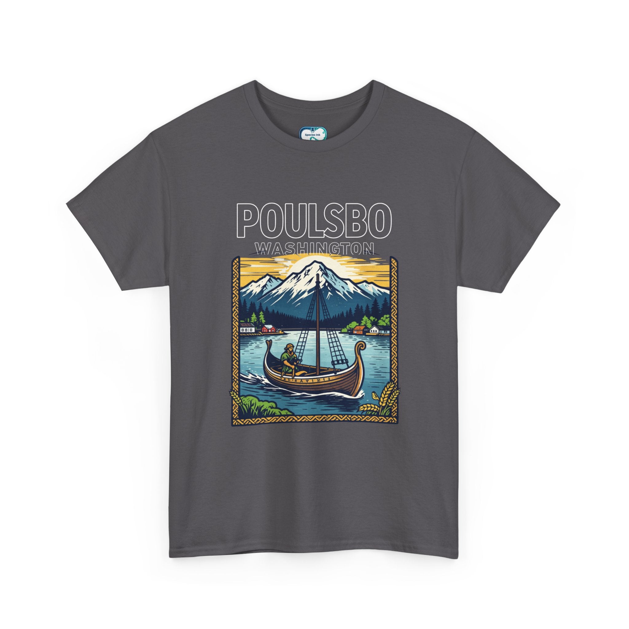 Poulsbo Viking Ship T‑Shirt — Pacific Northwest Mountain & Fjord Graphic Tee
