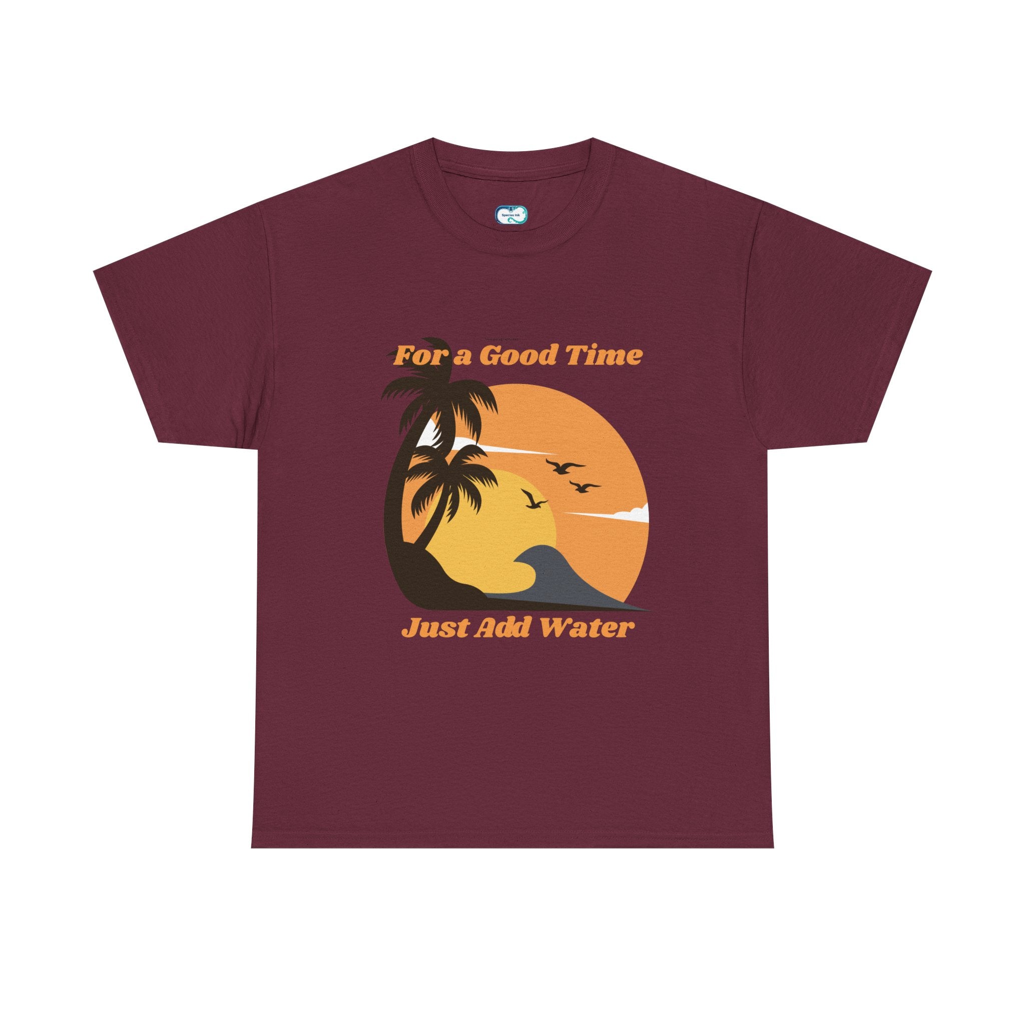 Beach Sunset T-Shirt — "For a Good Time Just Add Water" Retro Palm Tee