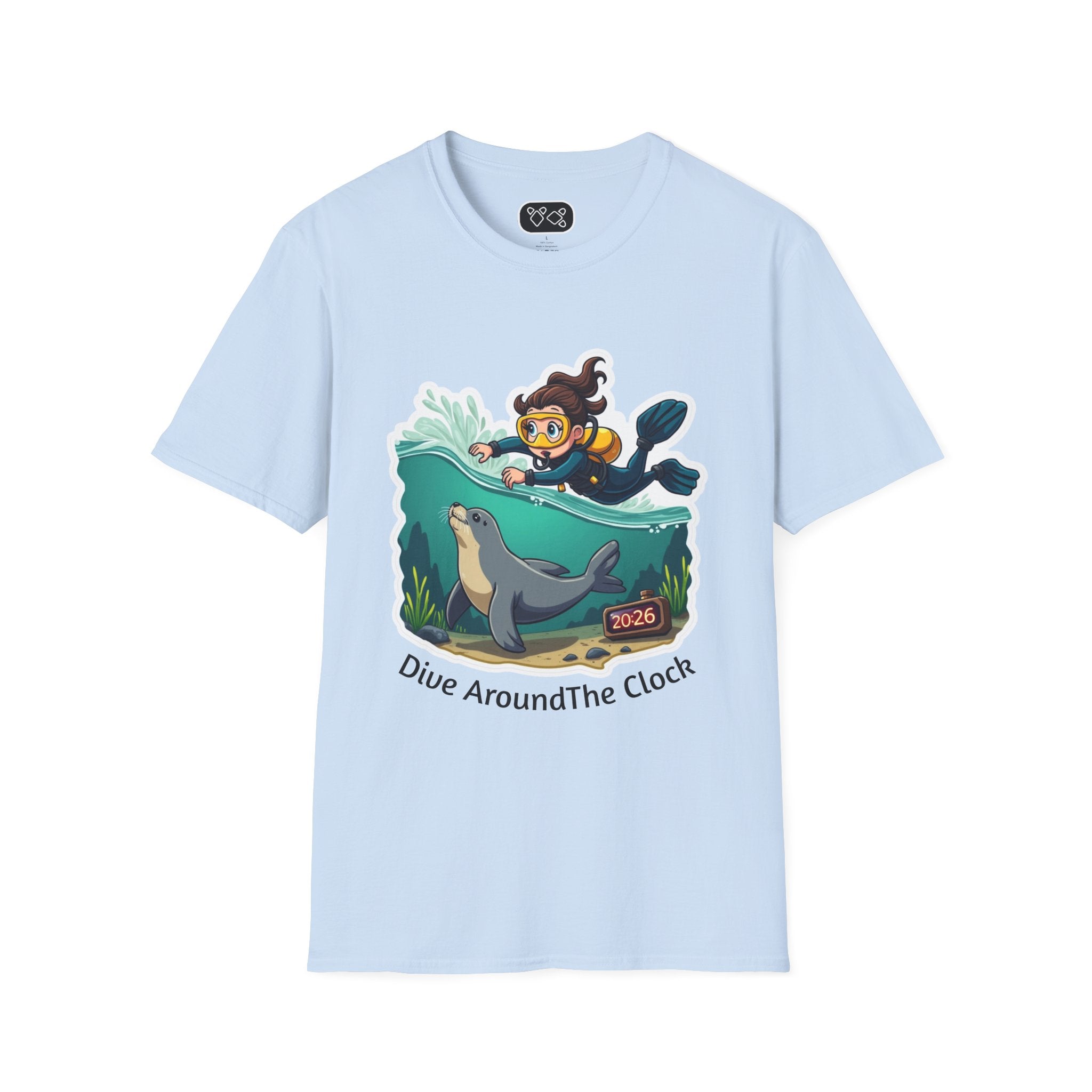 Diver Around The Clock T-Shirt — Cute Scuba Diver & Seal Graphic Tee