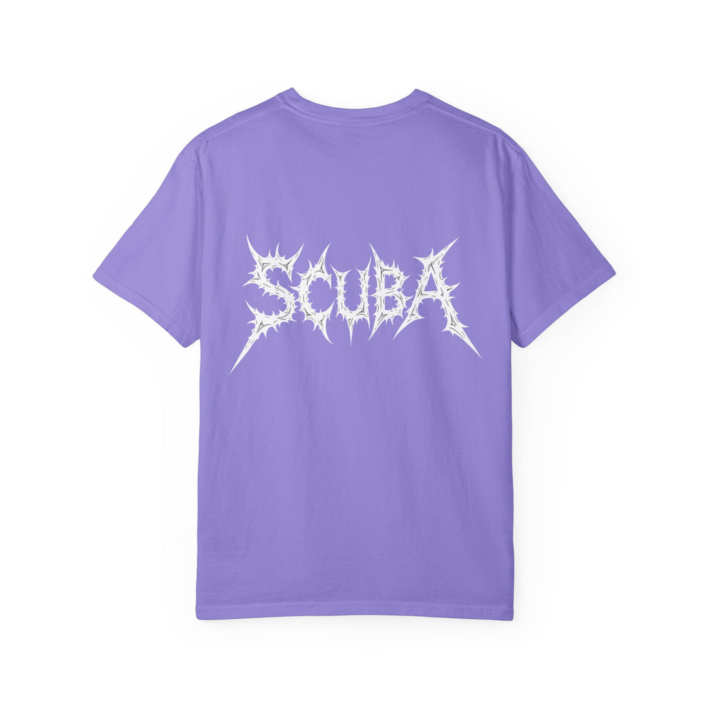 Skull Script Scuba Tee — White Graphic T-Shirt with 'SCUBA' Bone Lettering