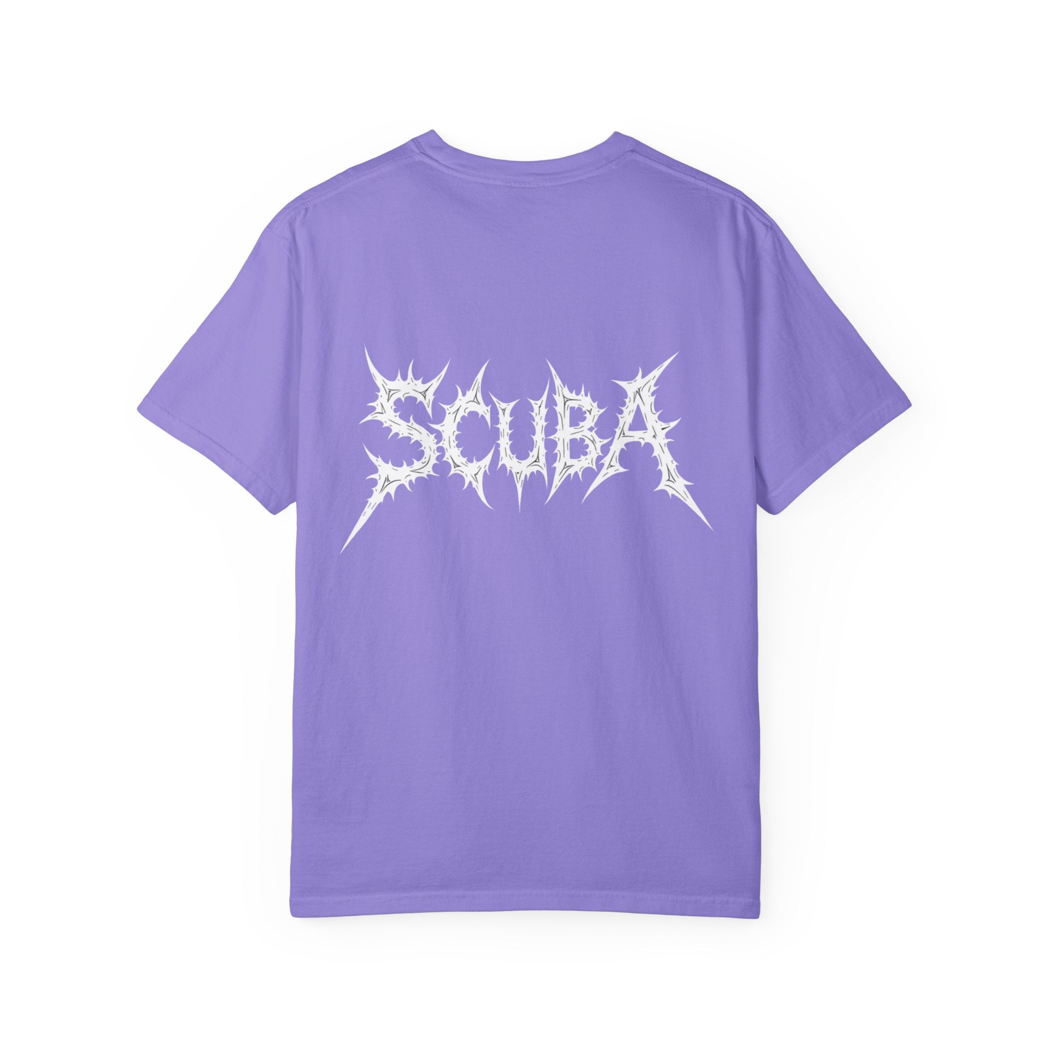 Skull Script Scuba Tee — White Graphic T-Shirt with 'SCUBA' Bone Lettering