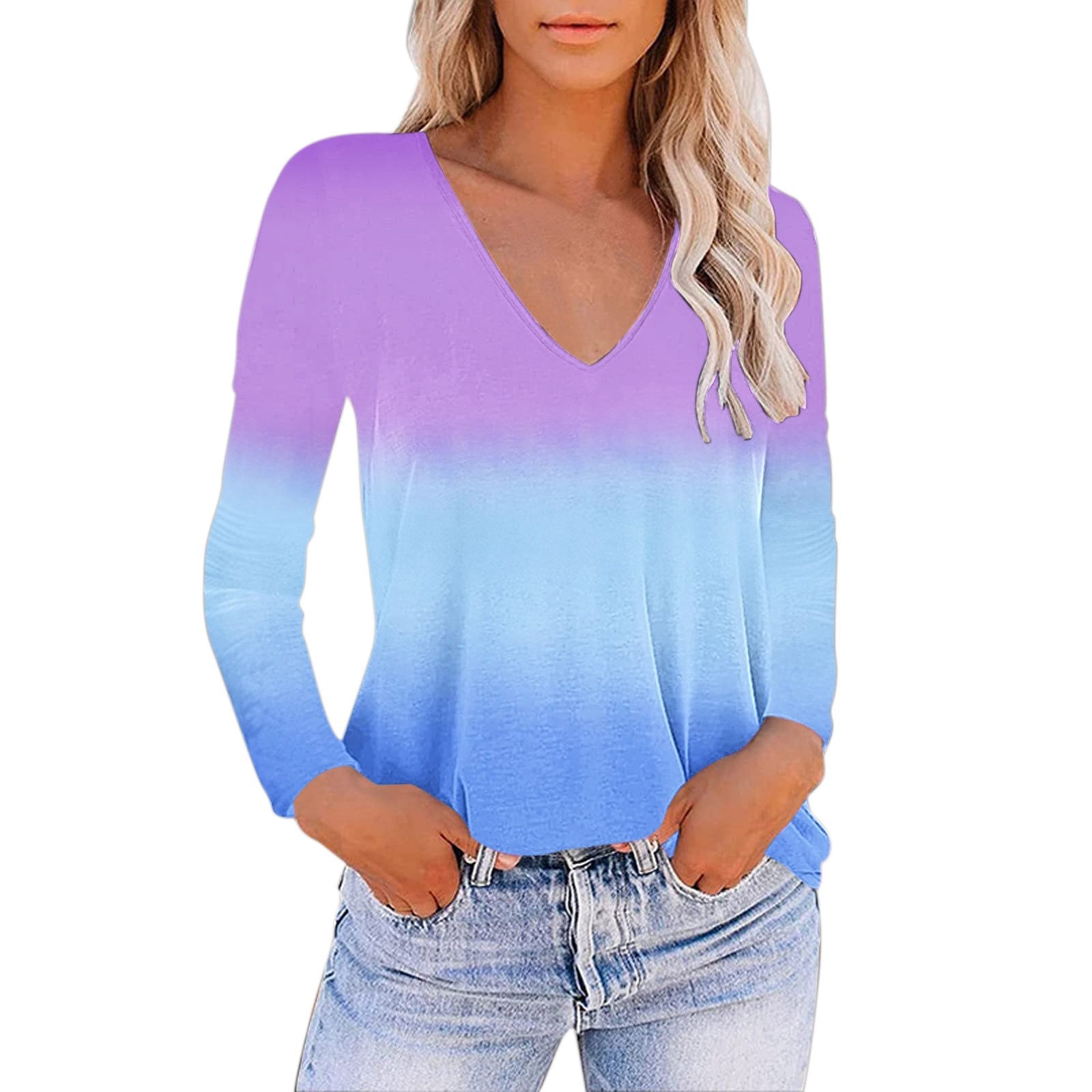 V-neck Gradient Print Loose T-shirt for Women