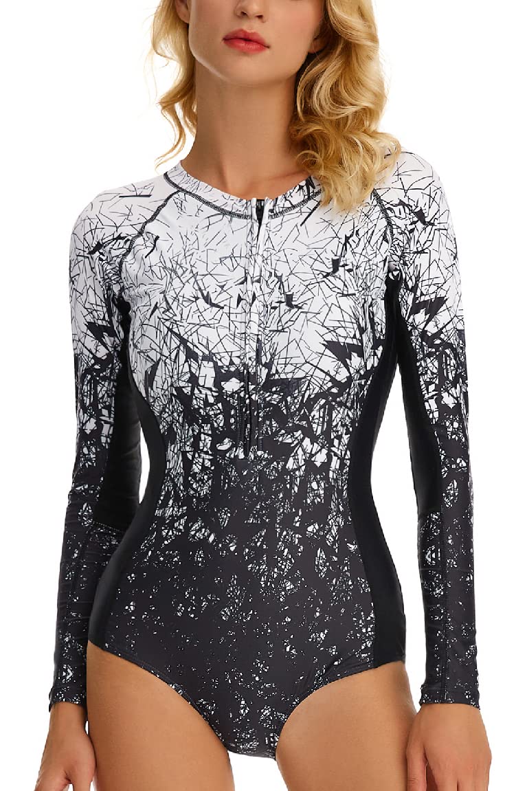 LafyKoly Women's Long Sleeve One-Piece Rash Guard Swimsuit – UV Protection, Printed Surfing Swimwear