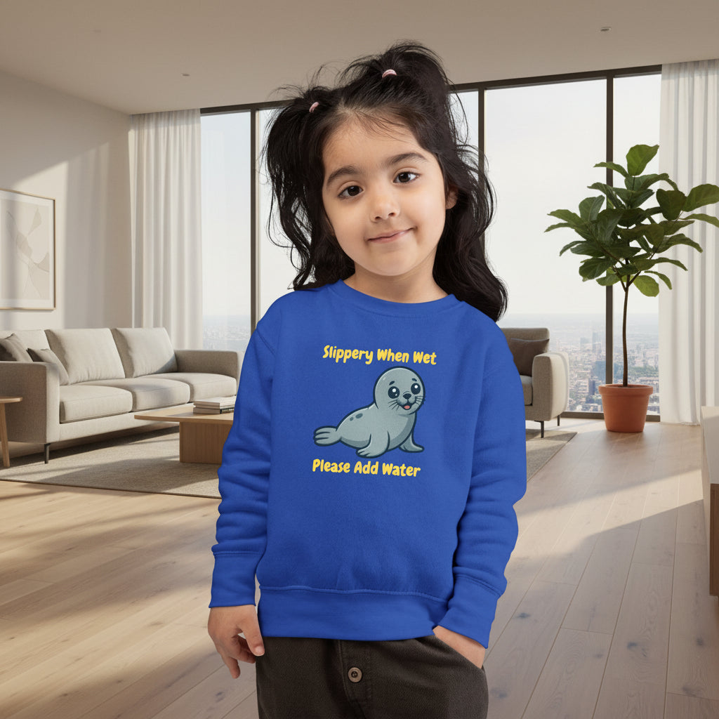 Kids Toddler Sweatshirt — Cute Seal "Slippery When Wet Please Add Water" Graphic