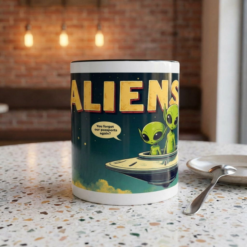 Alien Coffee Mug — "We Are Aliens" Retro UFO Accent Mug (11/15oz)