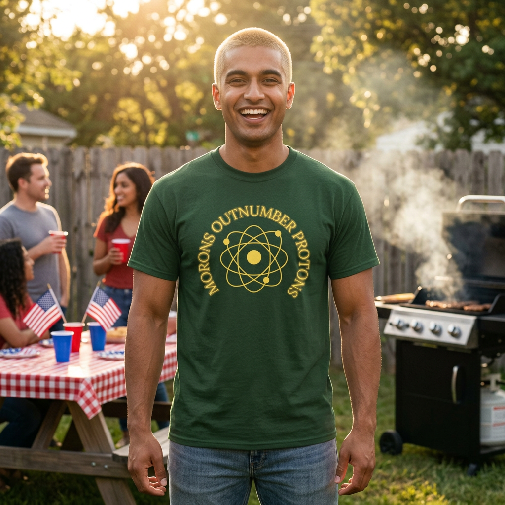 Retro Science Atom Tee — "Why do morons outnumber electrons" Yellow Graphic T-Shirt