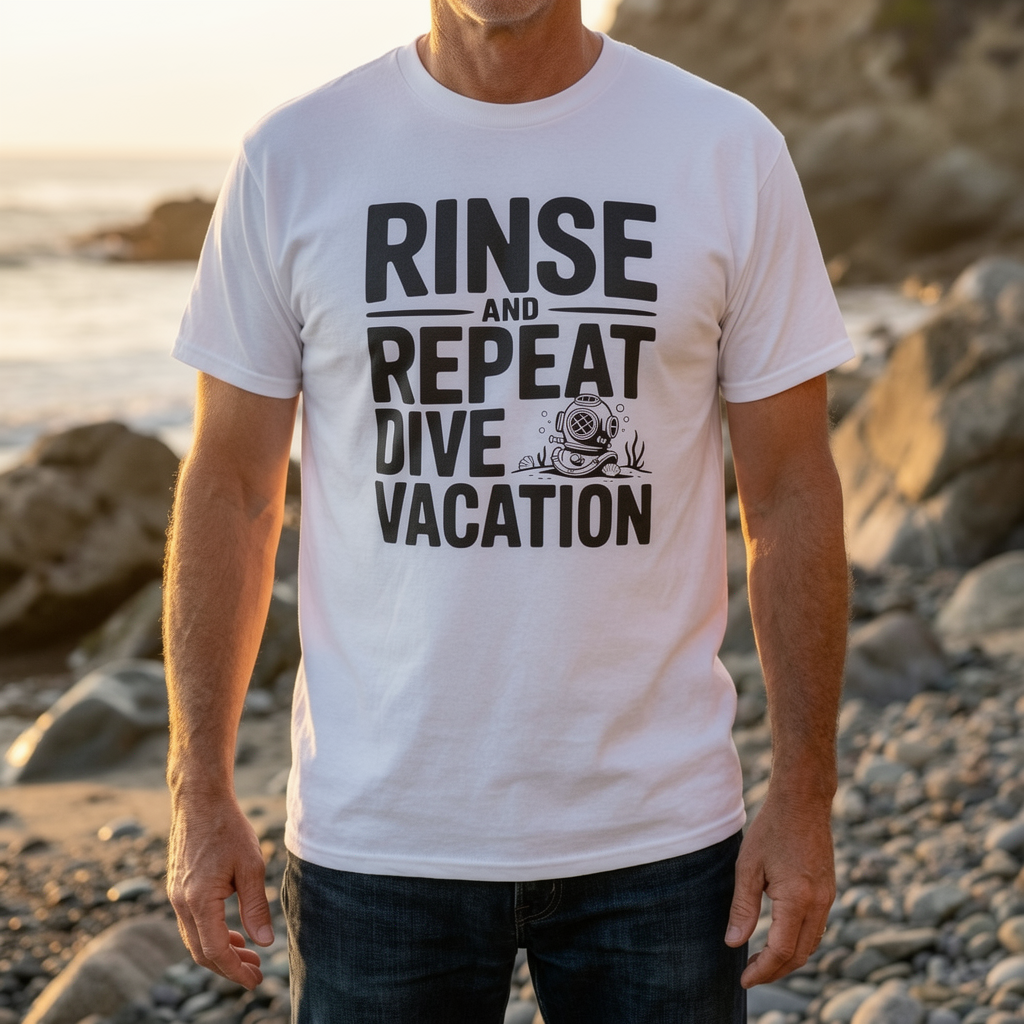 Rinse and Repeat Scuba Graphic Tee — Dive Vacation T-Shirt
