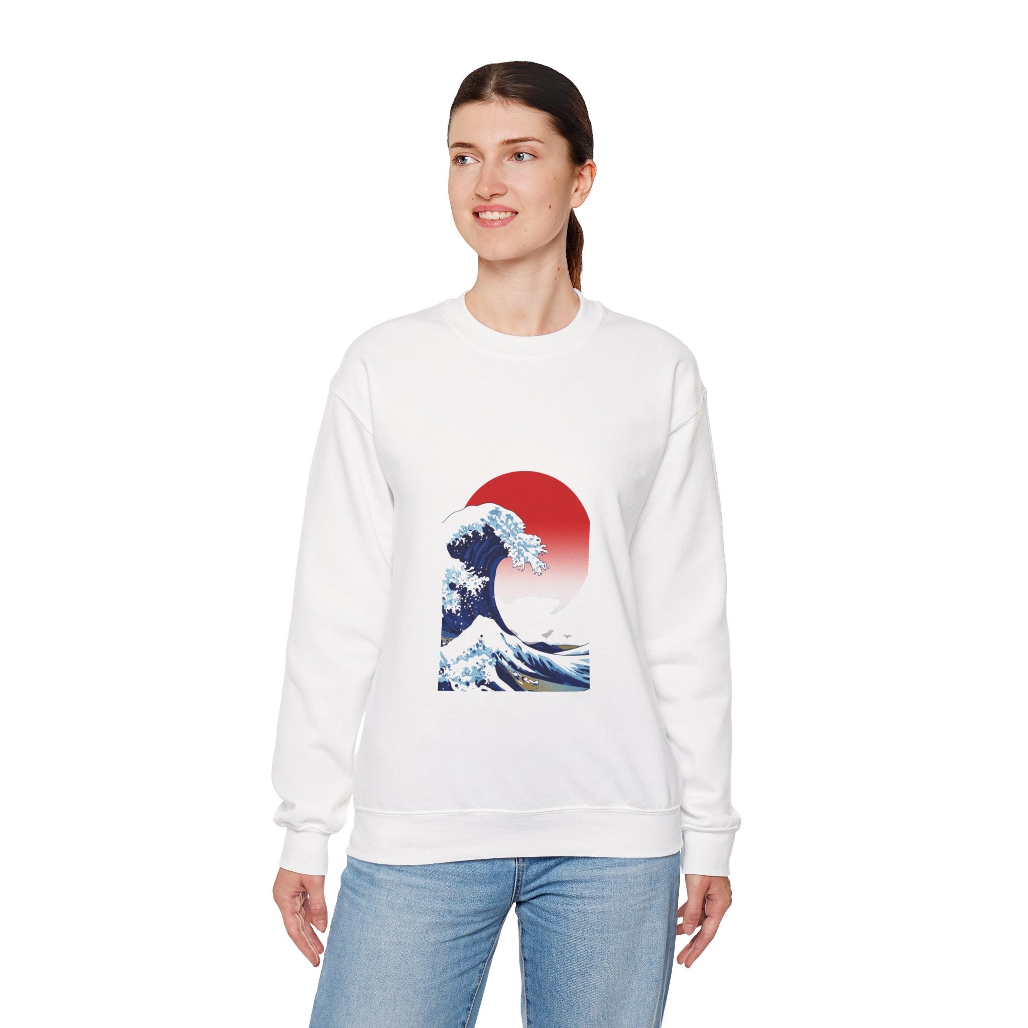 Great Wave Crewneck Sweatshirt — Japanese Wave Graphic with Red Sun