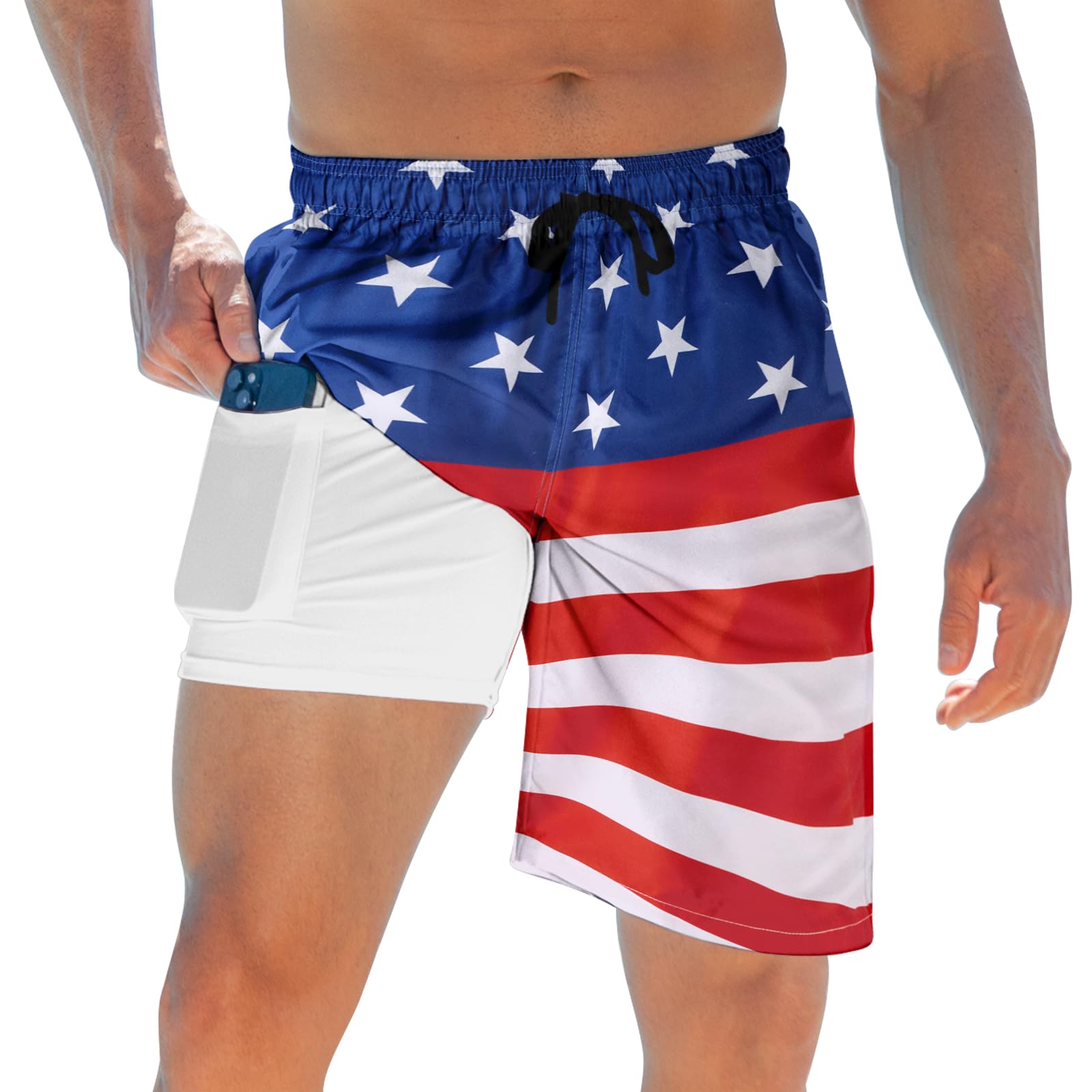 Men's 4th of July Boardshorts — USA Flag & Palm Print with Compression Liner