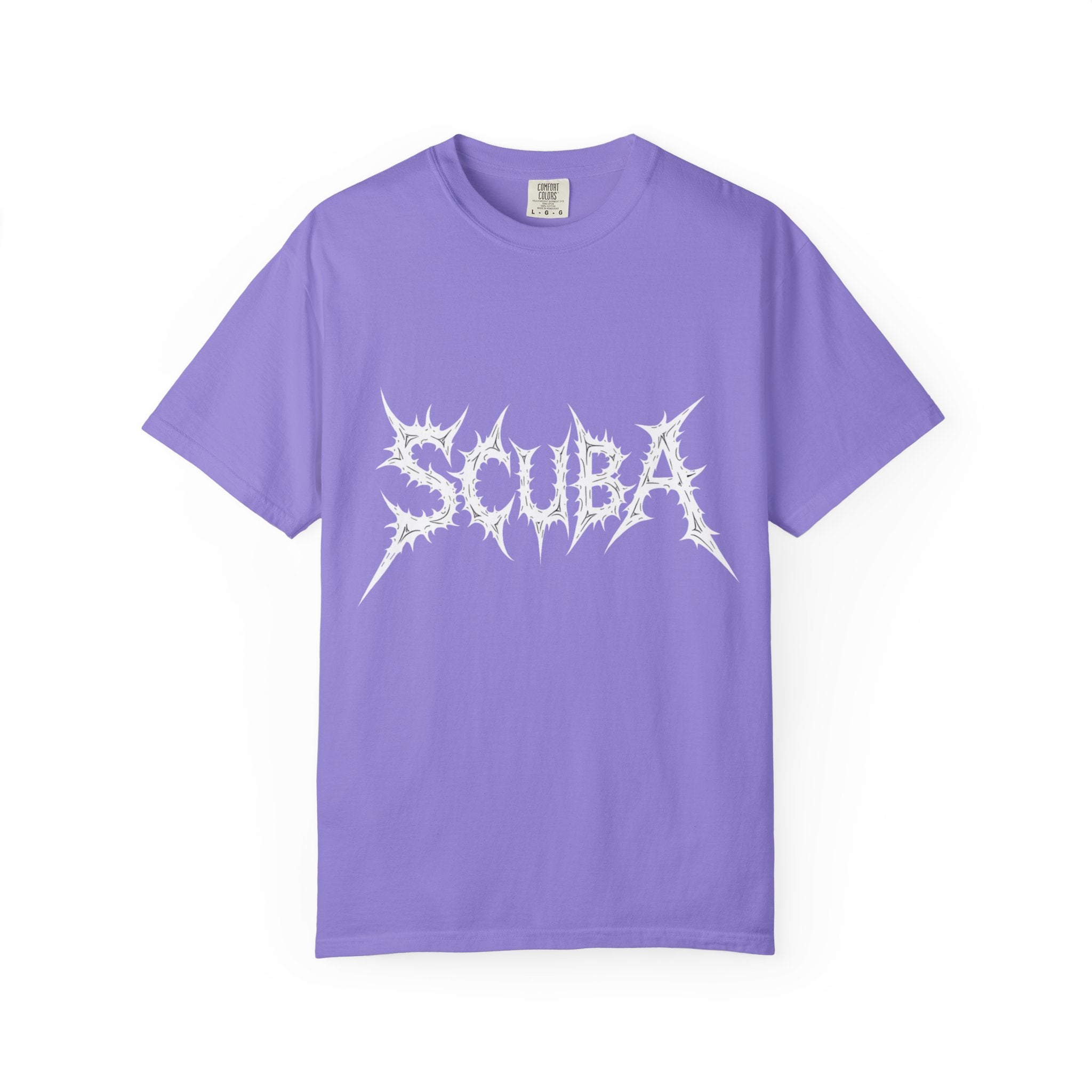 Skull Script Scuba Tee — White Graphic T-Shirt with 'SCUBA' Bone Lettering