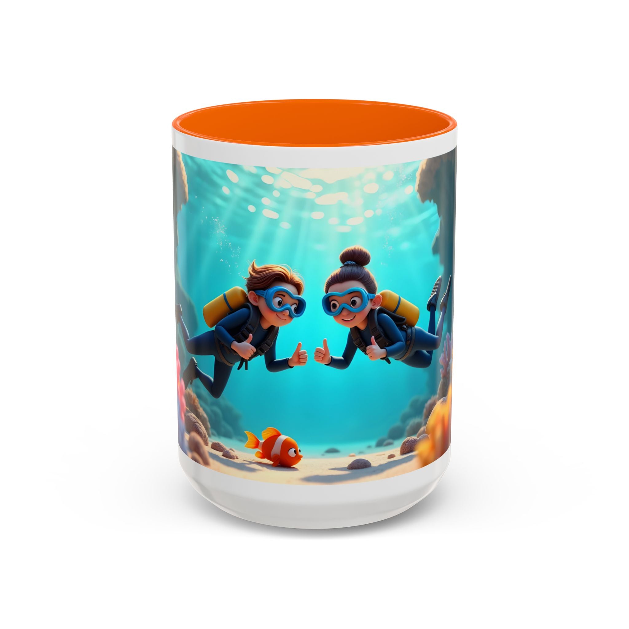Scuba Diving Couple Accent Coffee Mug — Underwater Coral Reef Design (11/15 oz)