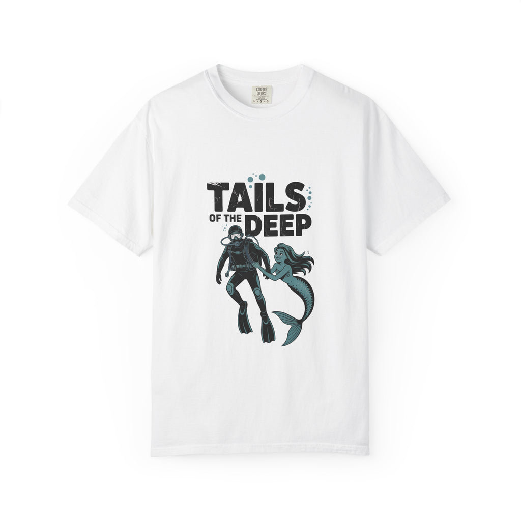 T-Shirt — "Tails of the Deep" Diver & Mermaid Graphic Tee