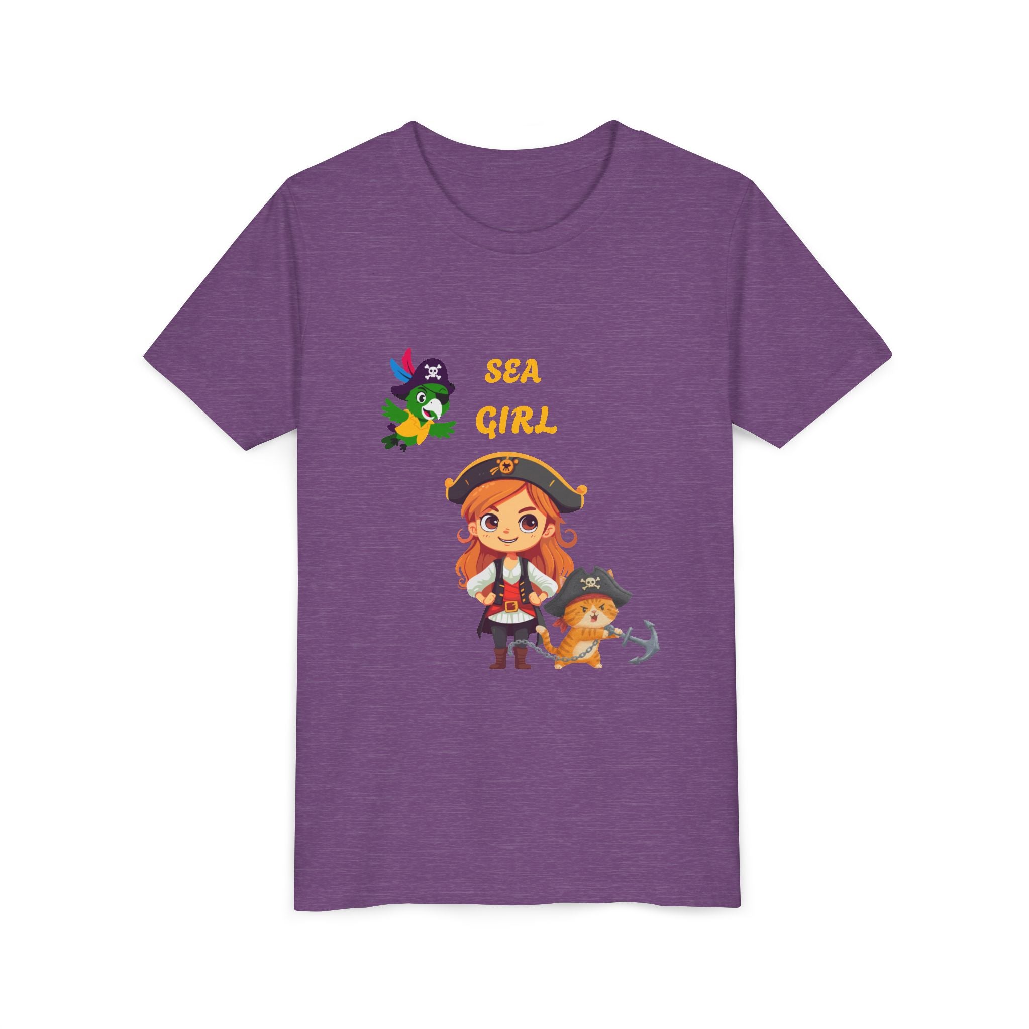 Sea Girl Pirate Youth Tee — Cute Pirate Girl, Parrot & Anchor Kids T‑Shirt