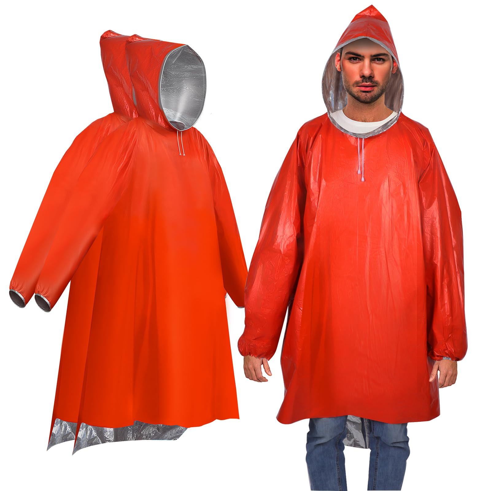SCXinnkeer Emergency Rain Poncho with Thermal Aluminium Film 2 Pack Survival Gear Thermal Blankets for Car Hiking Waterproof Camping Survival Blanket