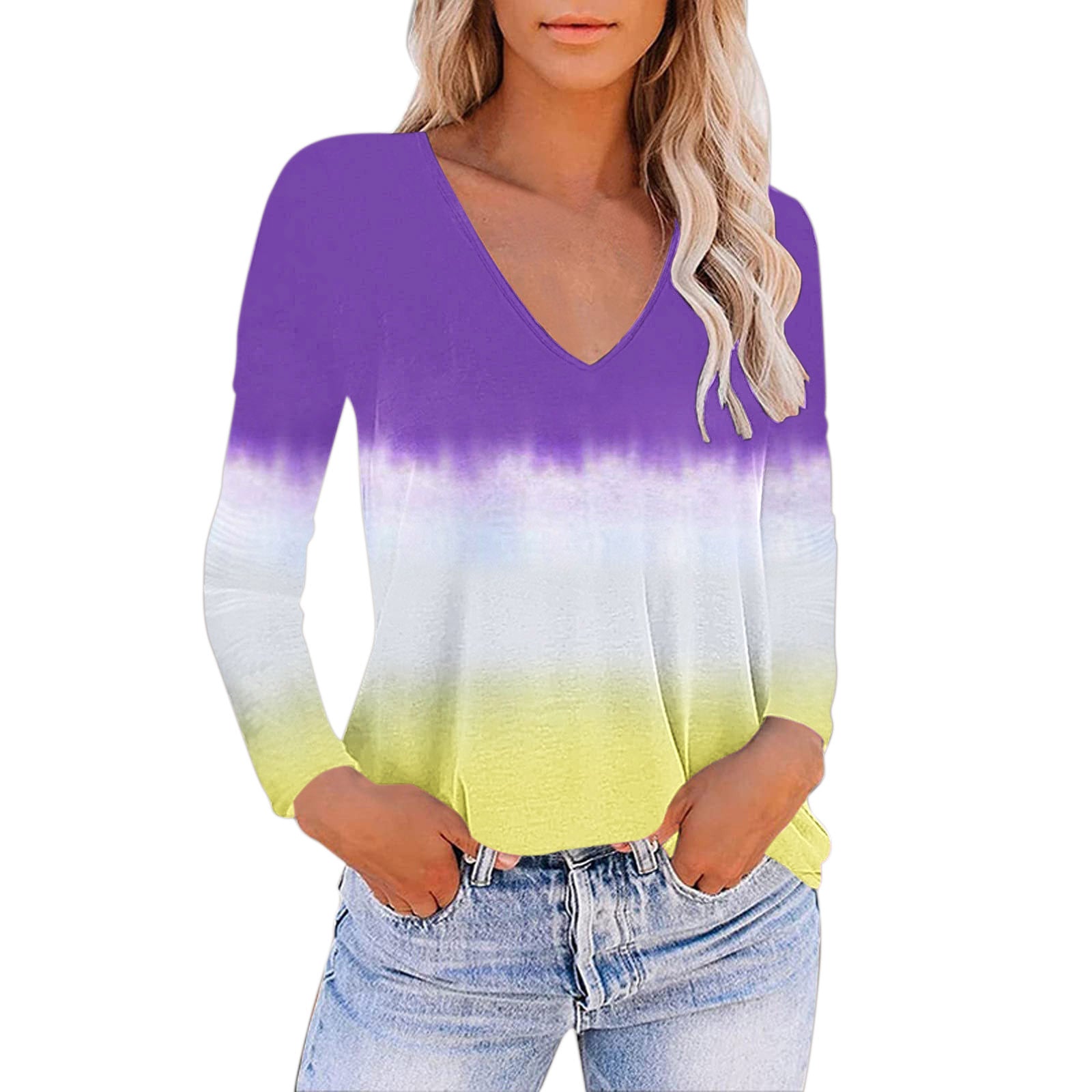 V-neck Gradient Print Loose T-shirt for Women