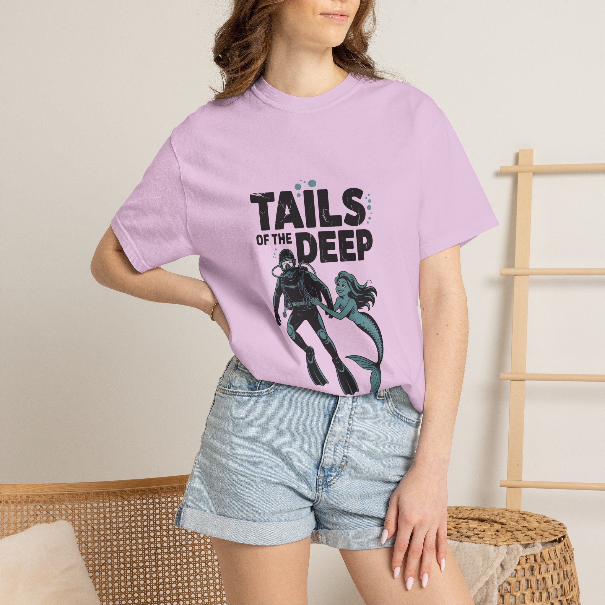 T-Shirt — "Tails of the Deep" Diver & Mermaid Graphic Tee