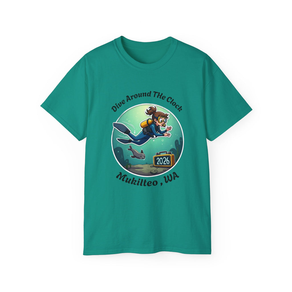 Dive Around the Clock Mukilteo WA T-Shirt — Scuba Diver & Seal Design