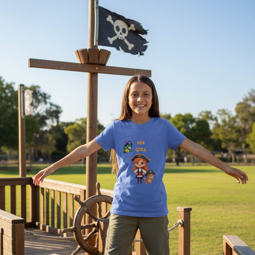 Sea Girl Pirate Youth Tee — Cute Pirate Girl, Parrot & Anchor Kids T‑Shirt