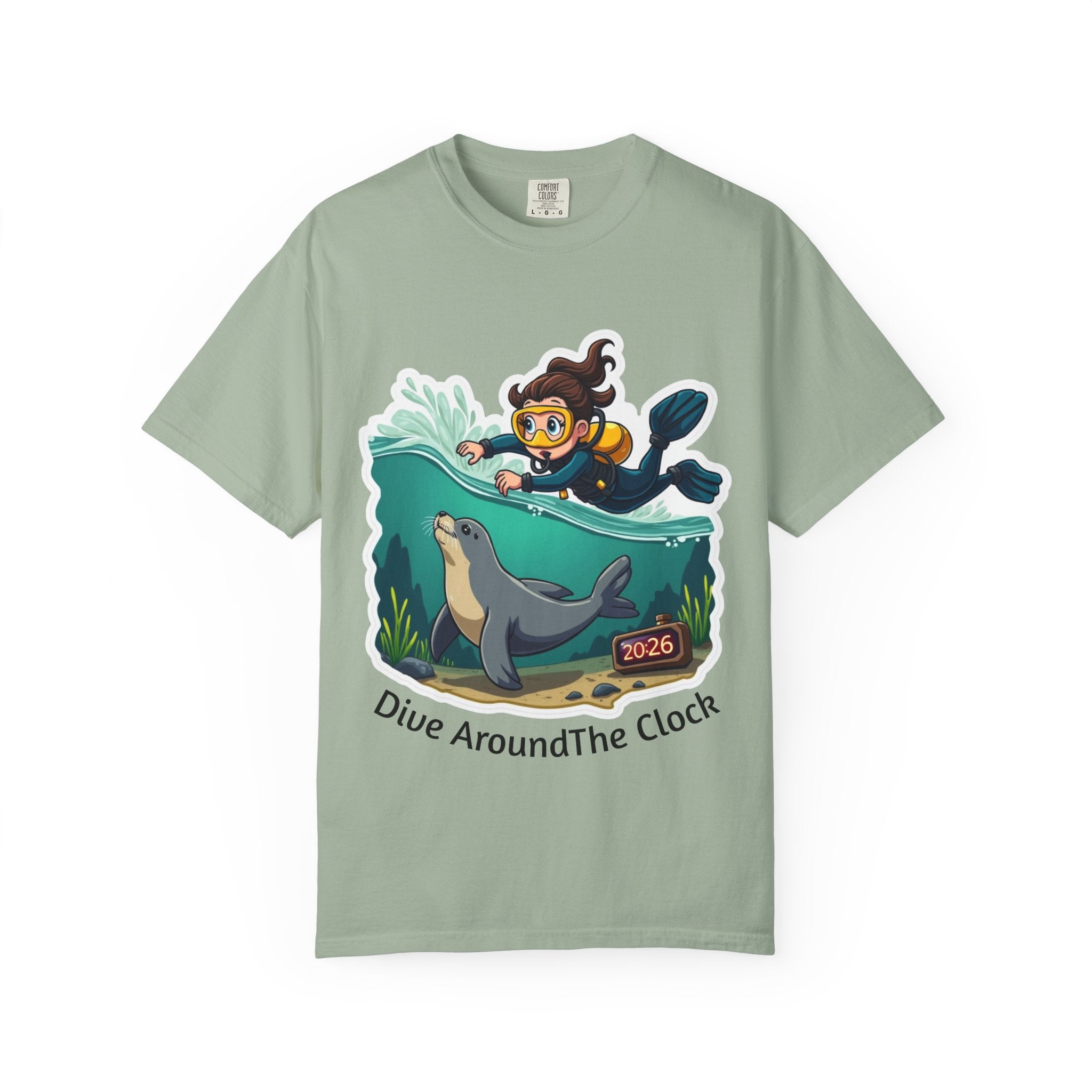 Diver Around The Clock T-Shirt — Cute Scuba Diver & Seal Graphic Tee