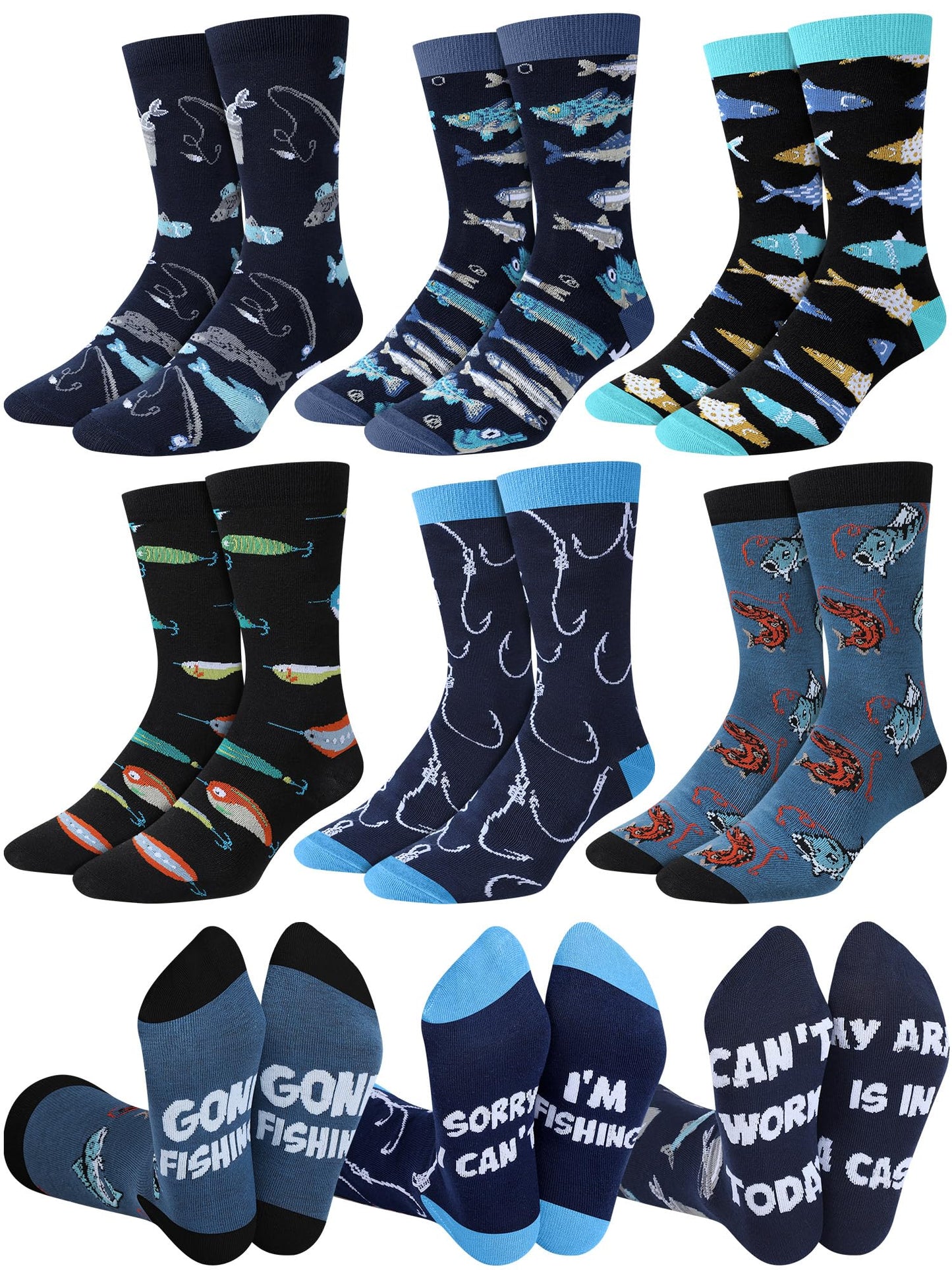 Eurzom 6 Pairs Novelty Fishing Socks for Men Funny Fishing Gifts Fish Themed Crew Socks for Fishing Lover Christmas Stocking Stuffers Birthday Gift