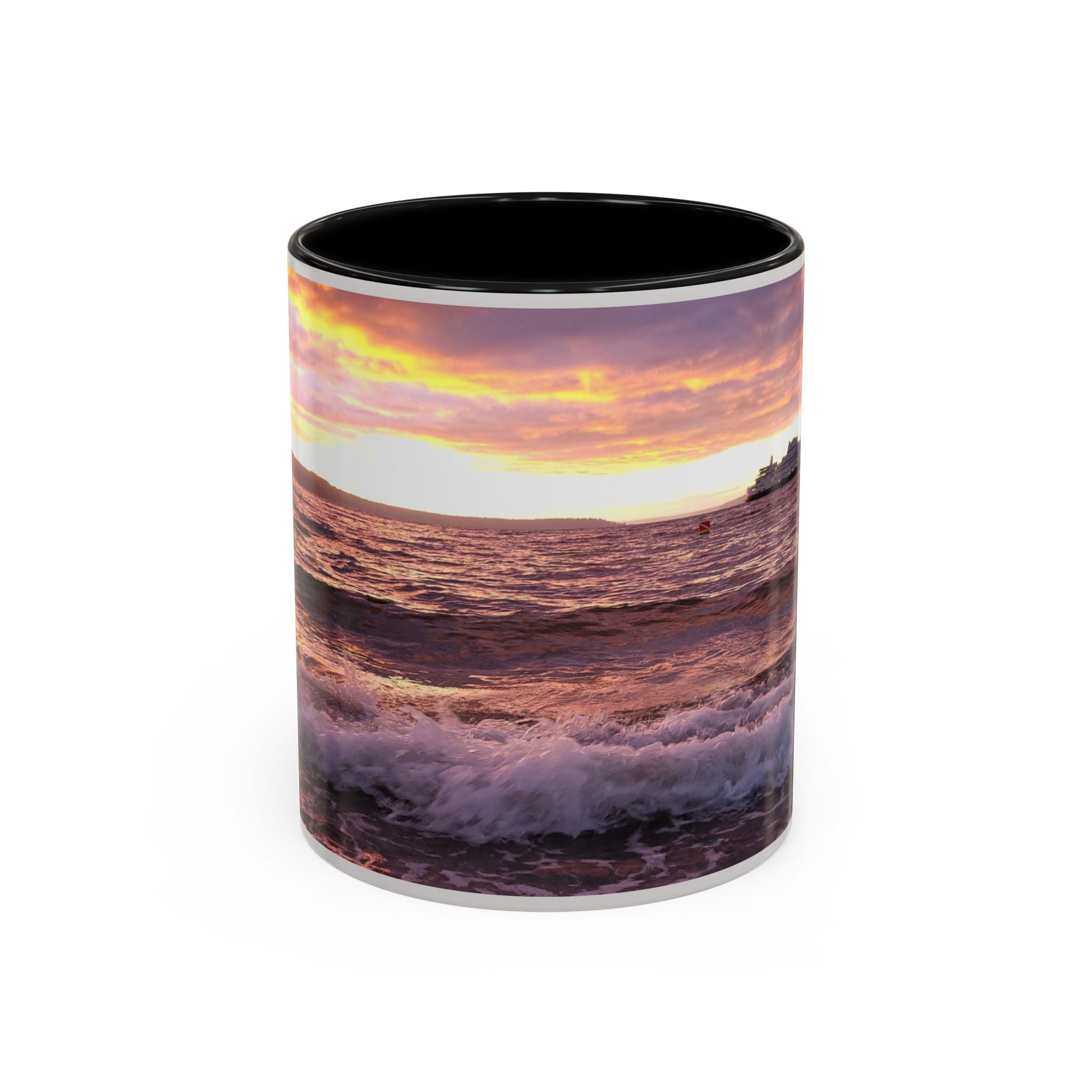 Sunset Ocean Accent Coffee Mug — Seaside Waves Sunrise Photo (11/15oz)