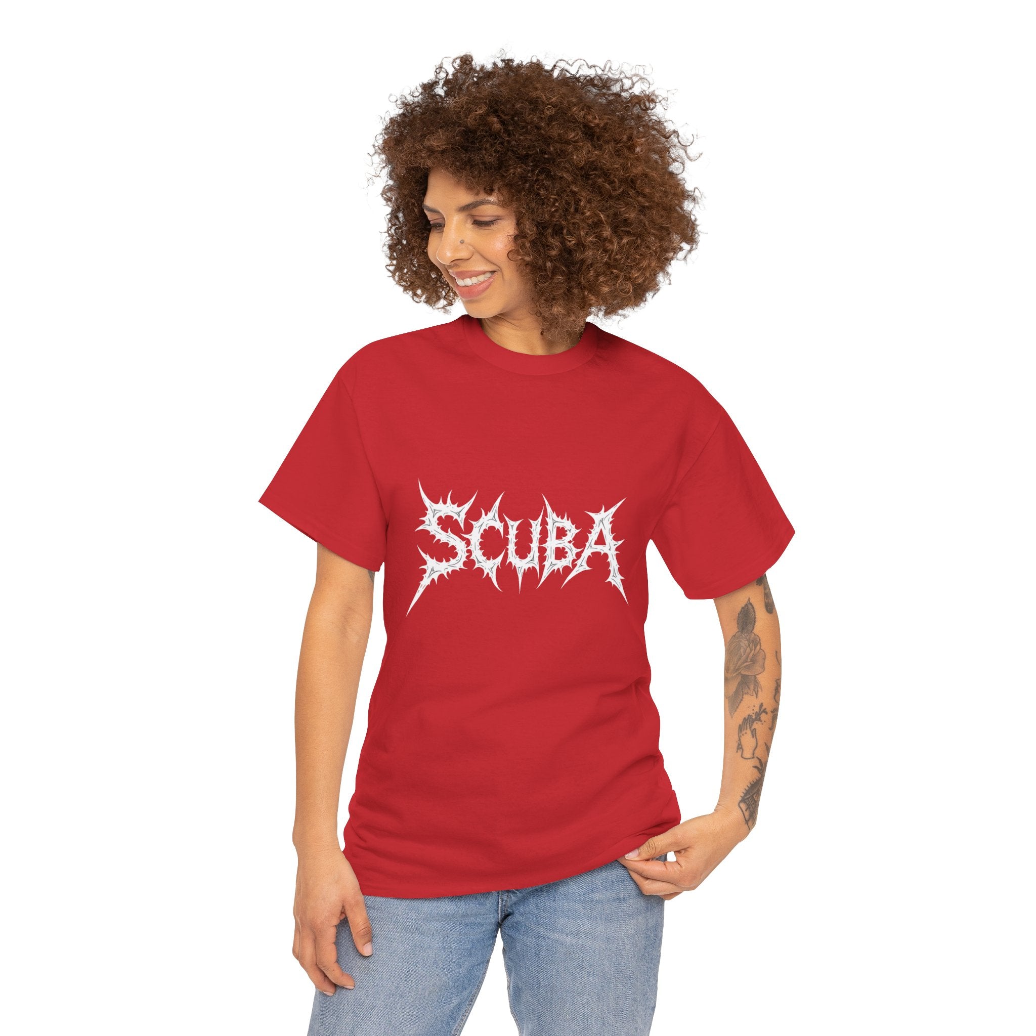 Skull Script Scuba Tee — White Graphic T-Shirt with 'SCUBA' Bone Lettering
