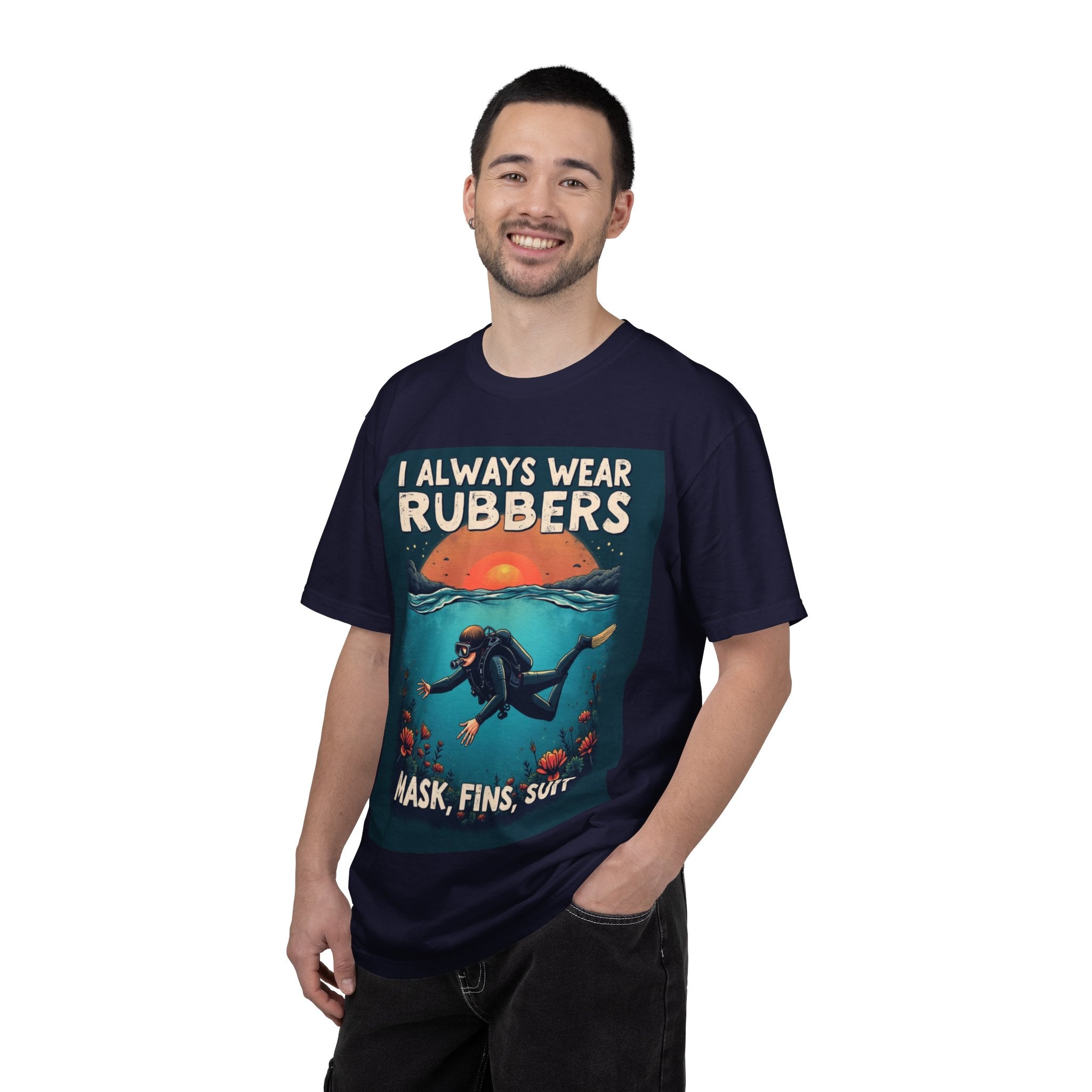 Scuba Diver T‑Shirt - "I Always Wear Rubbers" Mask, Fins & Suit Vintage Dive Tee