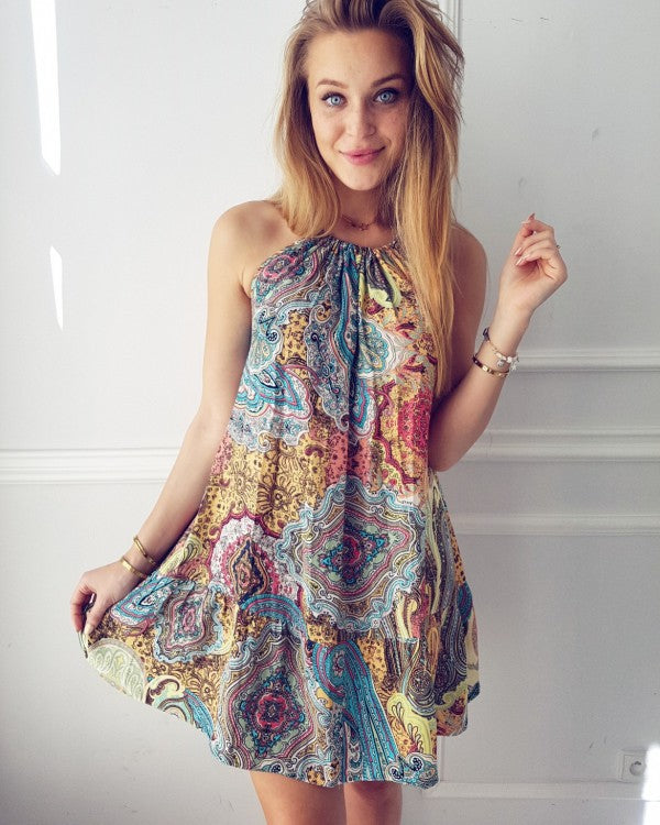 Bohemian Ocean Print Beach Dress – Flowy Coverup for Women