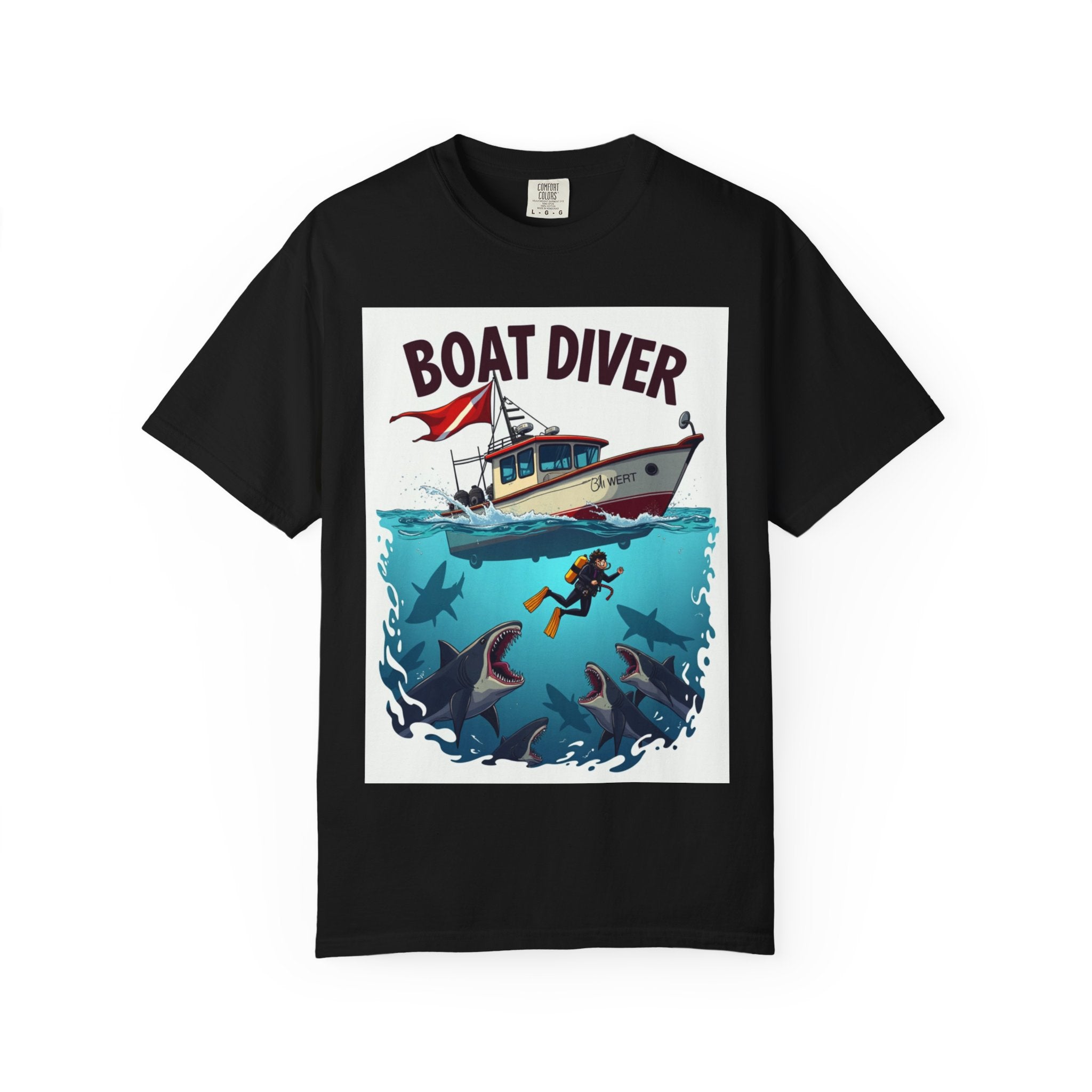Boat Diver T‑Shirt – Scuba Diving Graphic Tee with Boat and Underwater Scene