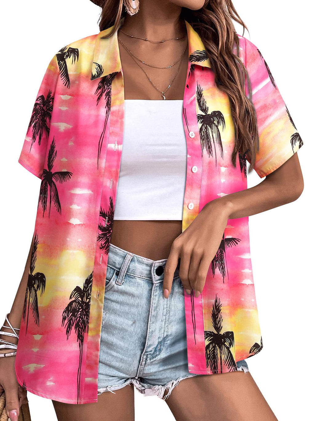 Womens Button Down Hawaiian Shirts Short Sleeve Floral Print Summer V Neck T-Shirt Casual Summer Beach Blouses Tops