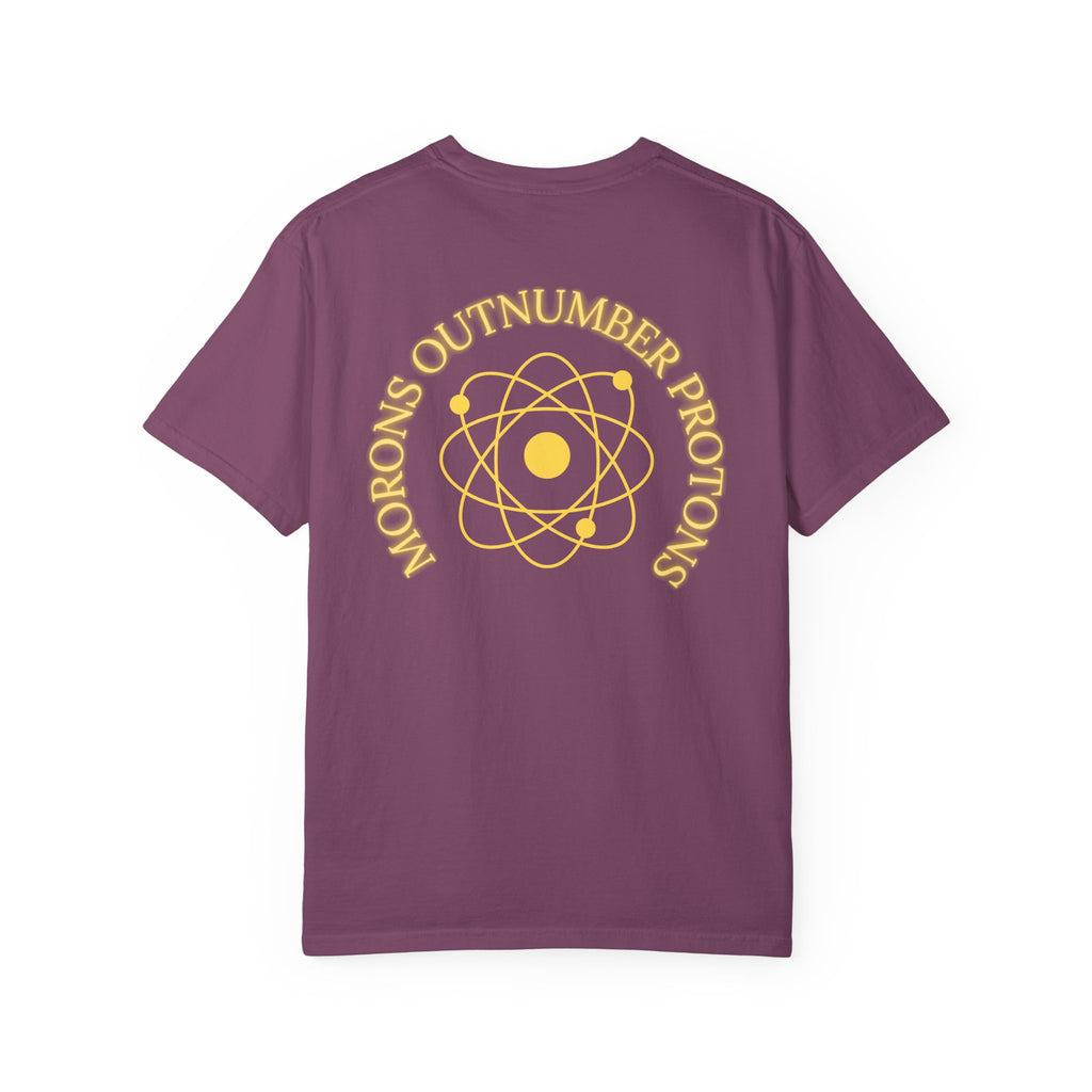 Retro Science Atom Tee — "Why do morons outnumber protons" Yellow Graphic T-Shirt