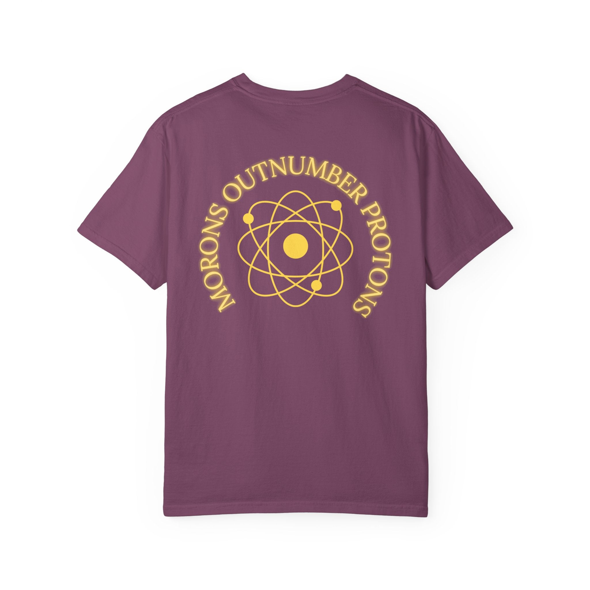 Retro Science Atom Tee — "Why do morons outnumber protons" Yellow Graphic T-Shirt