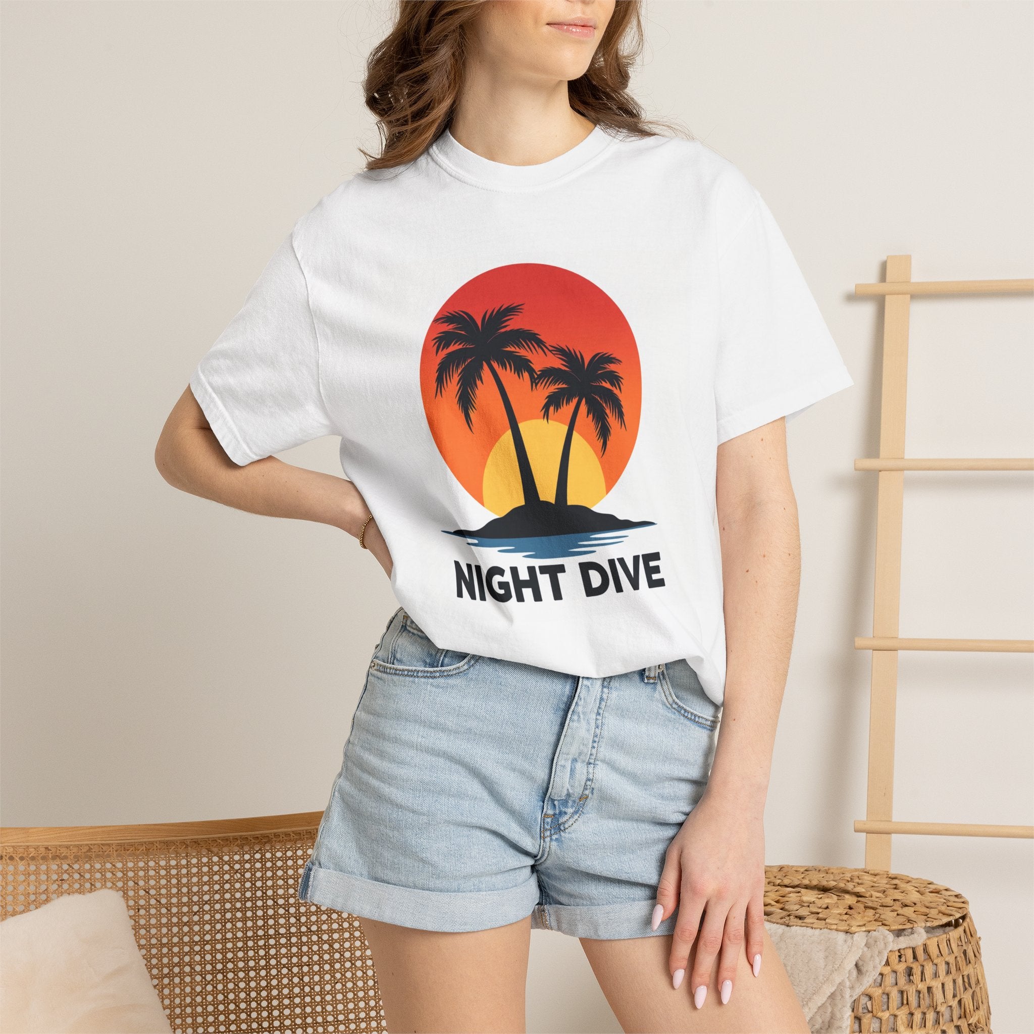 Night Dive Palm Beach T-Shirt — Retro Sunset Tropical Tee
