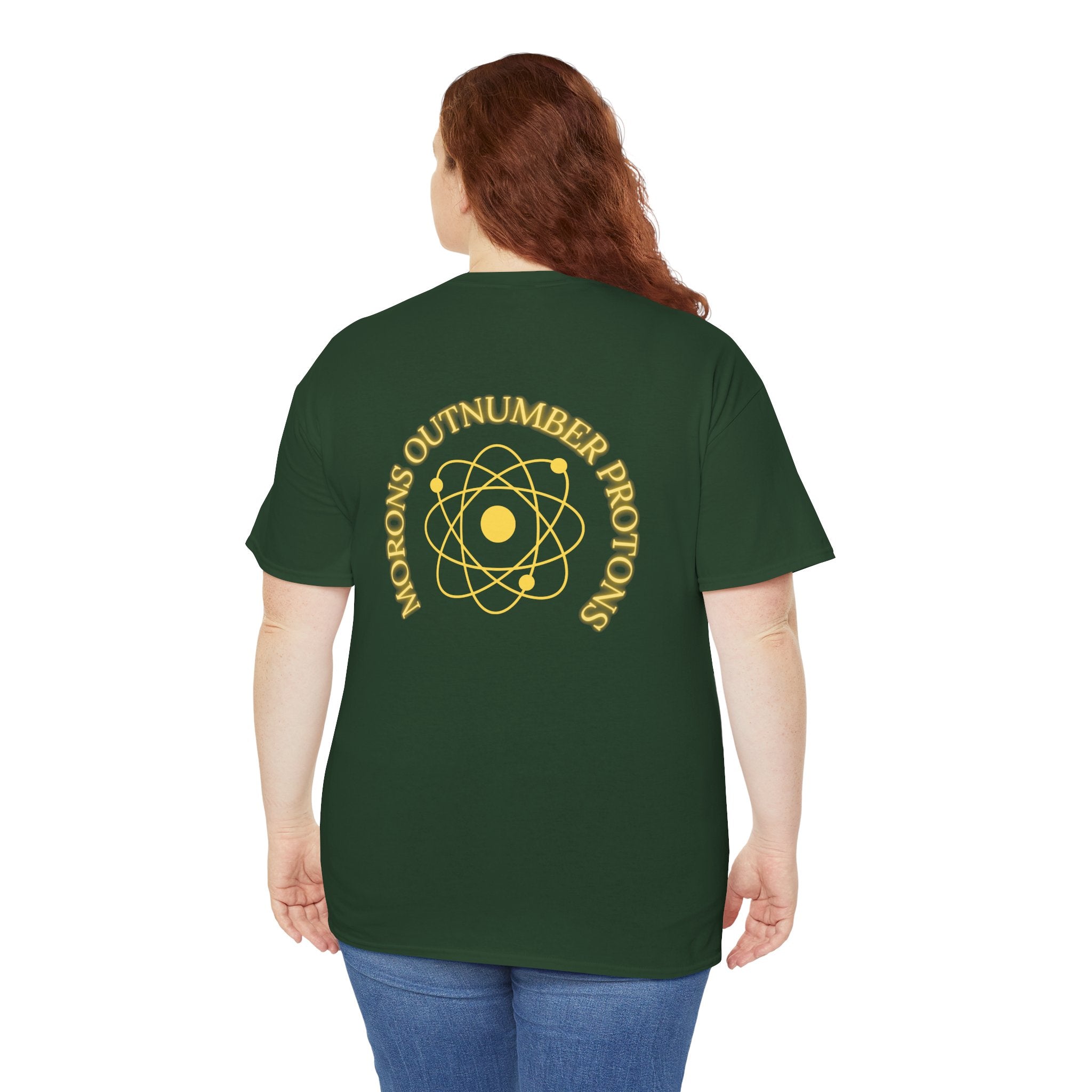 Retro Science Atom Tee — "Why do morons outnumber electrons" Yellow Graphic T-Shirt