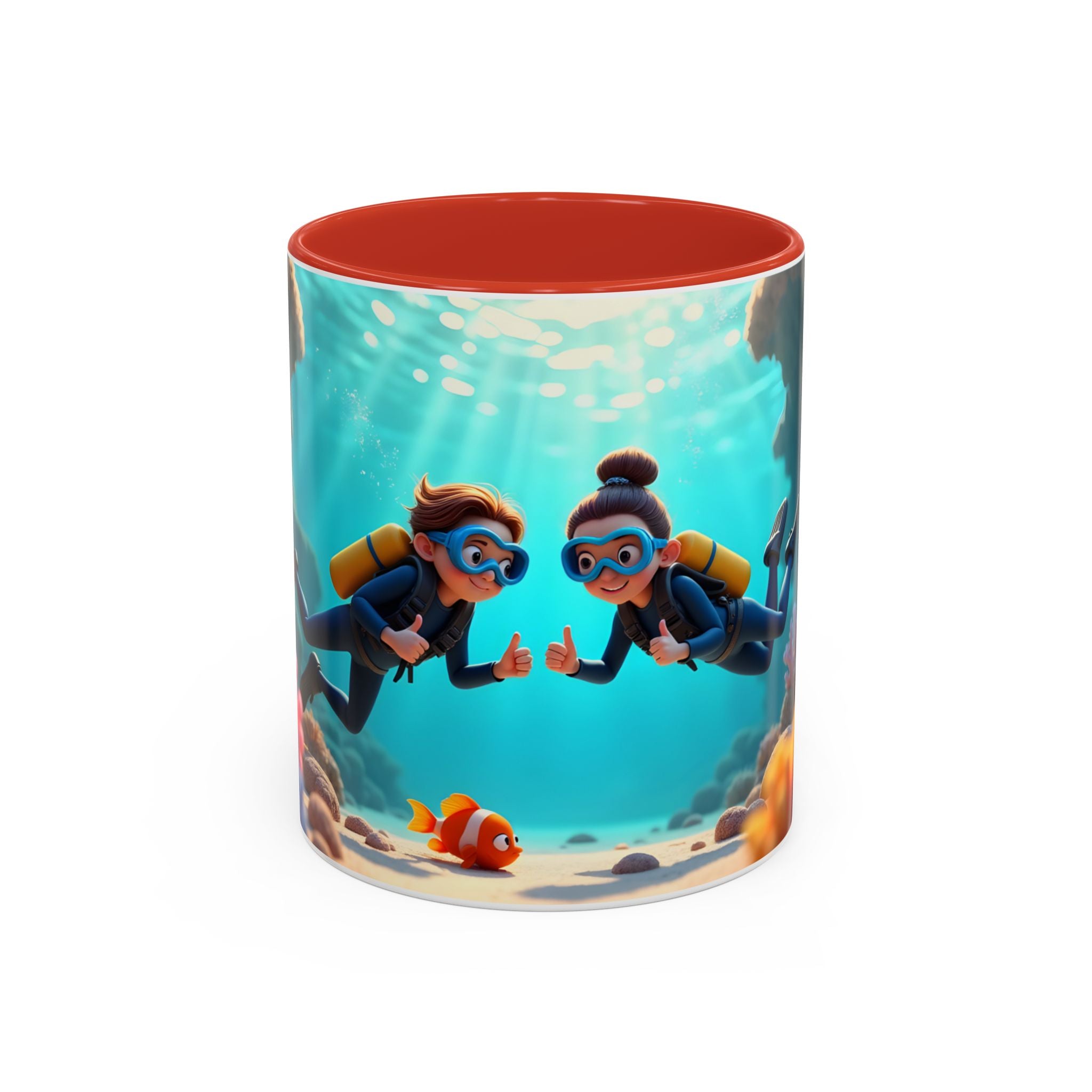 Scuba Diving Couple Accent Coffee Mug — Underwater Coral Reef Design (11/15 oz)