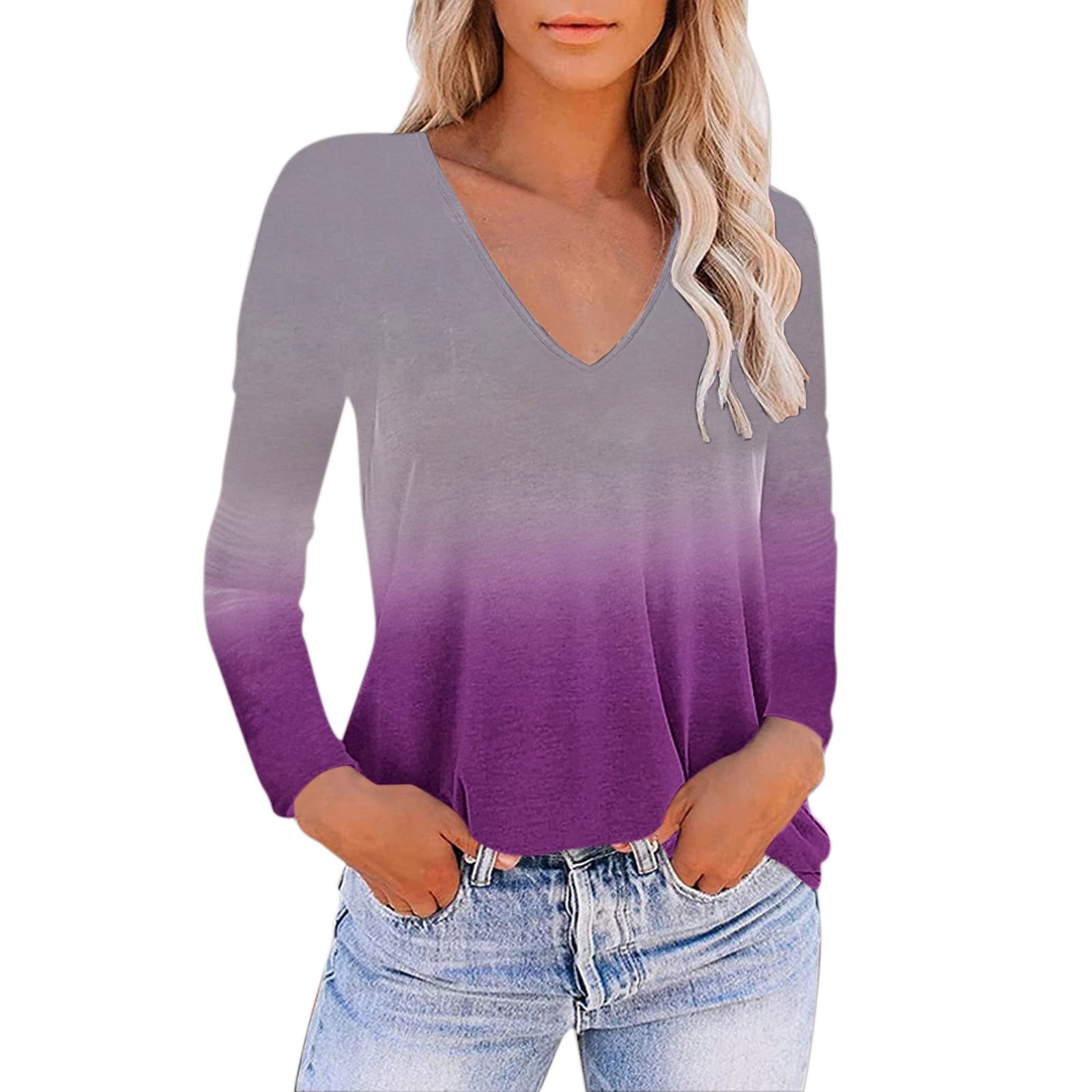 V-neck Gradient Print Loose T-shirt for Women
