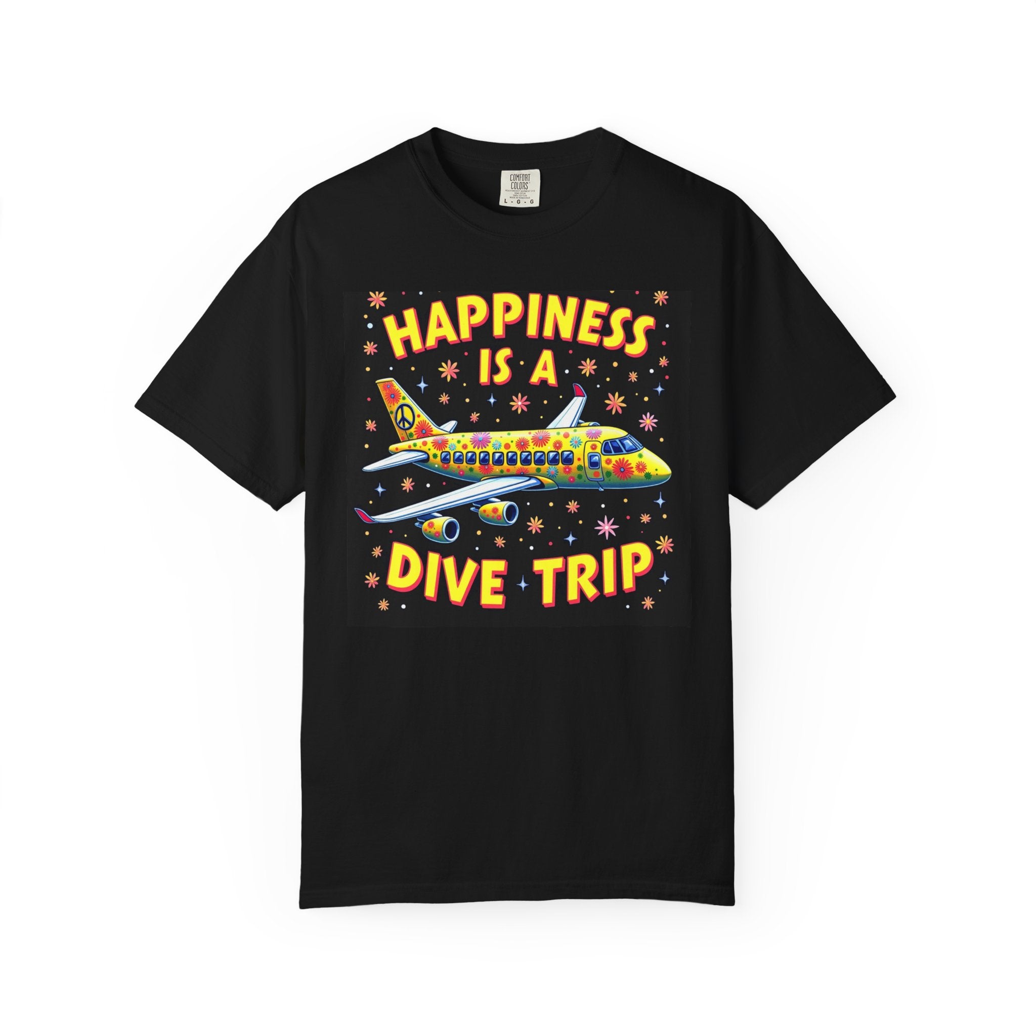 T‑Shirt — "Happiness Is A Dive Trip" Colorful Plane Travel Tee