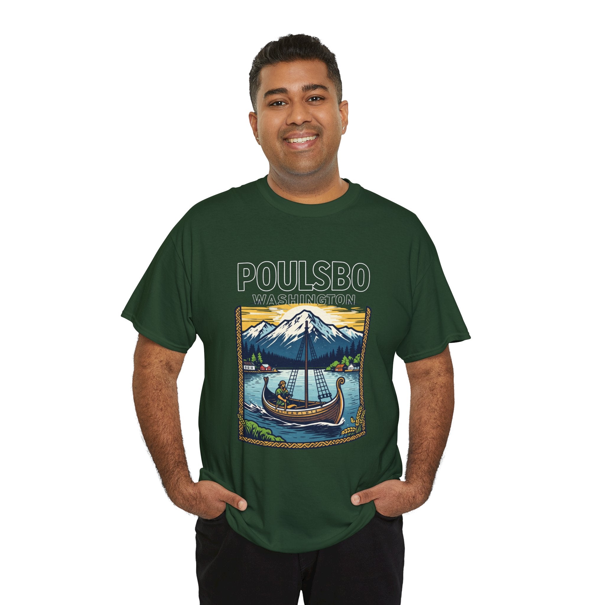 Poulsbo Viking Ship T‑Shirt — Pacific Northwest Mountain & Fjord Graphic Tee