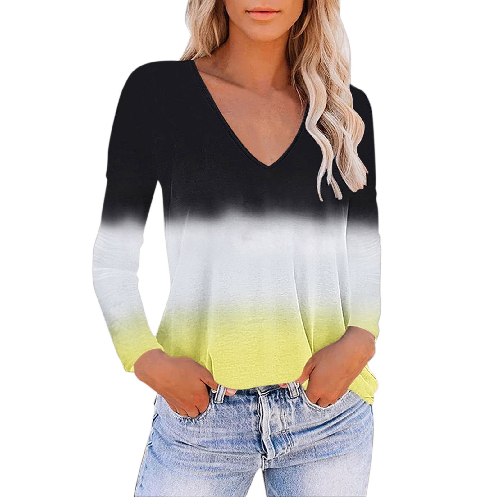 V-neck Gradient Print Loose T-shirt for Women