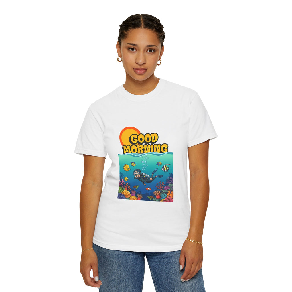 Good Morning Ocean Tee — Retro Sunrise Scuba Diver Graphic T-Shirt