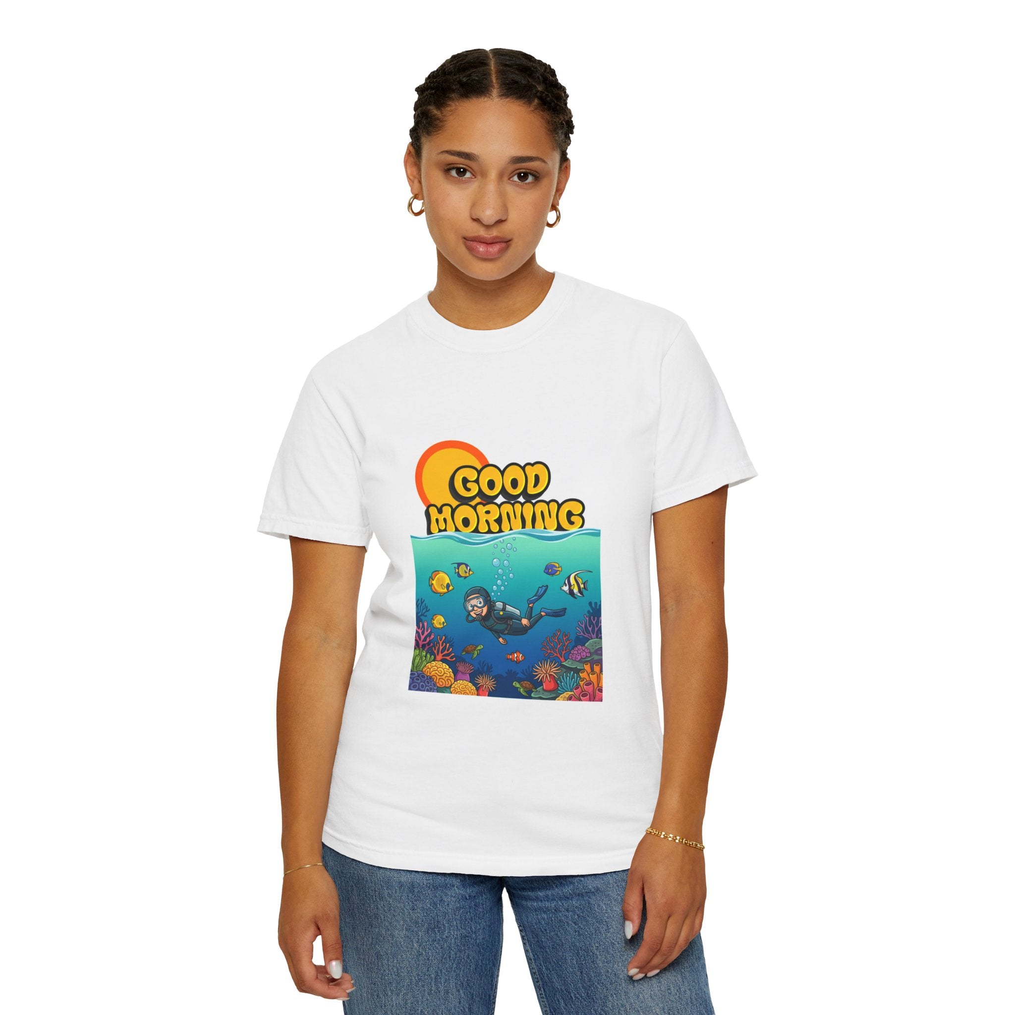 Good Morning Ocean Tee — Retro Sunrise Scuba Diver Graphic T-Shirt