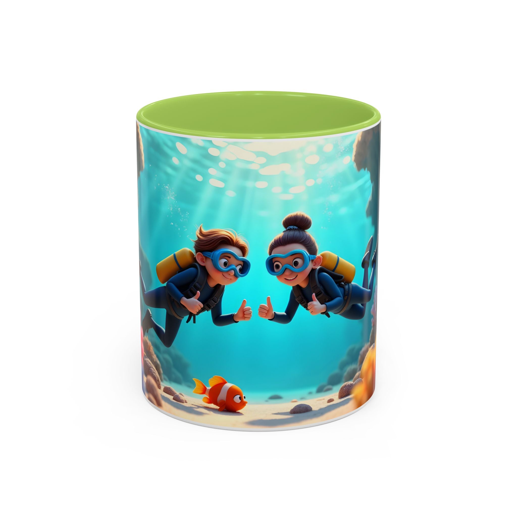 Scuba Diving Couple Accent Coffee Mug — Underwater Coral Reef Design (11/15 oz)