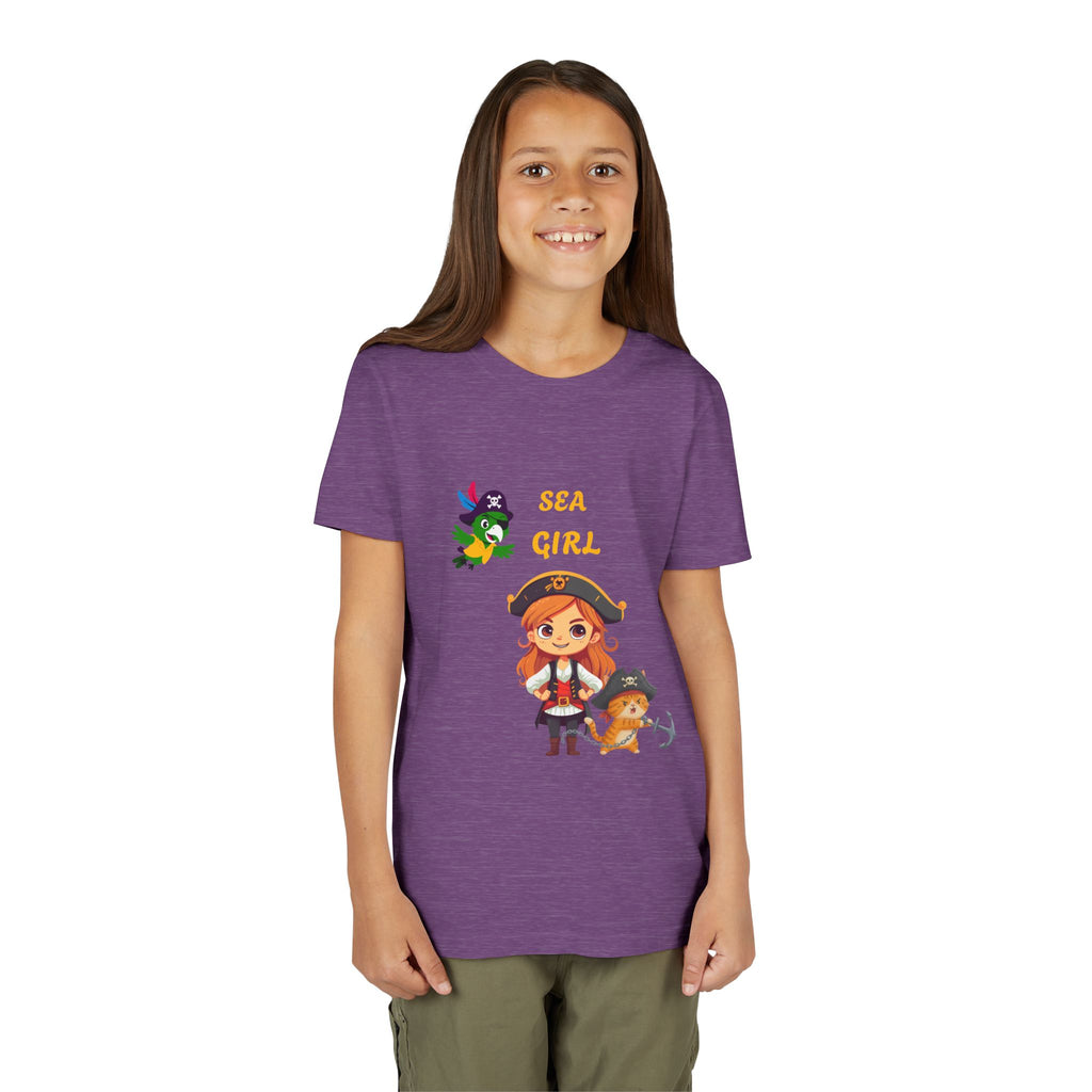Sea Girl Pirate Youth Tee — Cute Pirate Girl, Parrot & Anchor Kids T‑Shirt