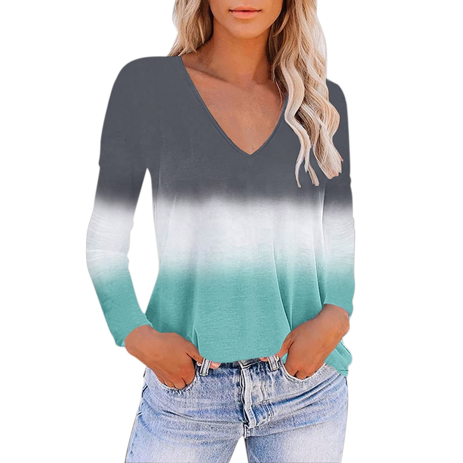 V-neck Gradient Print Loose T-shirt for Women