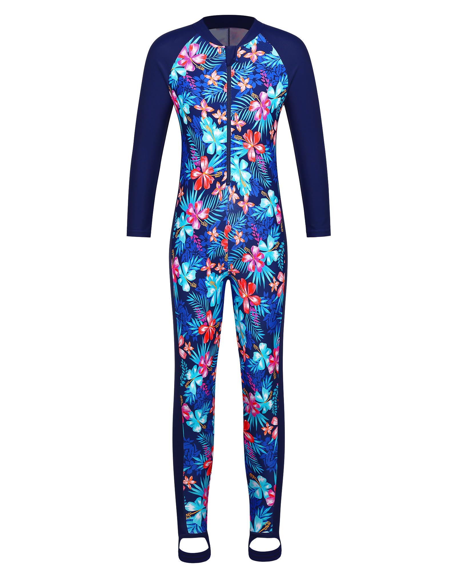 TFJH E Girls Long Sleeve Rash Guard One-Piece Swimsuit – UPF 50+, Footed, Navy Flower (Size 116/122)